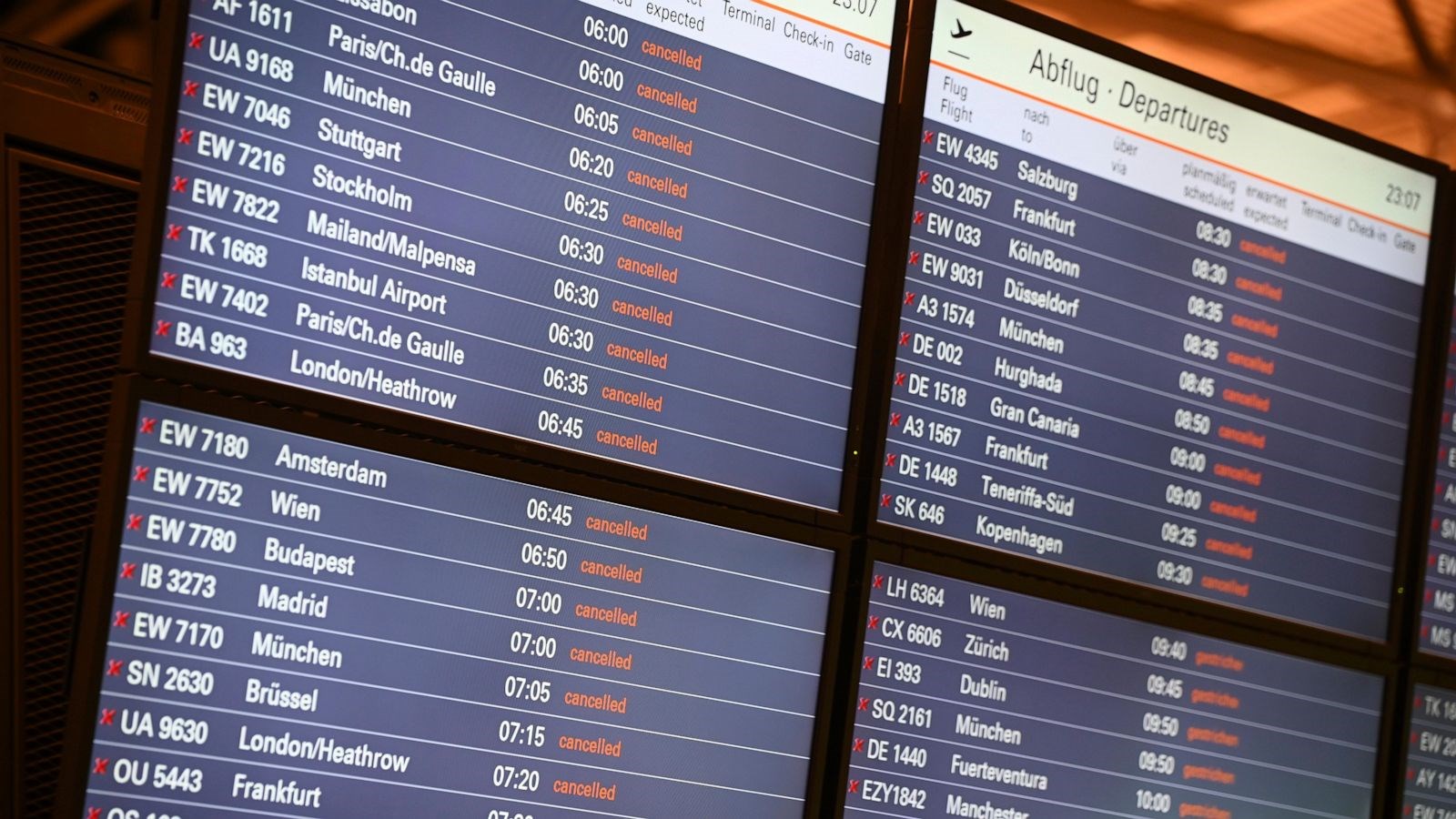 A photo of the flight times screen with all flights canceled at an airport in Germany on March 13, 2023 (AP)