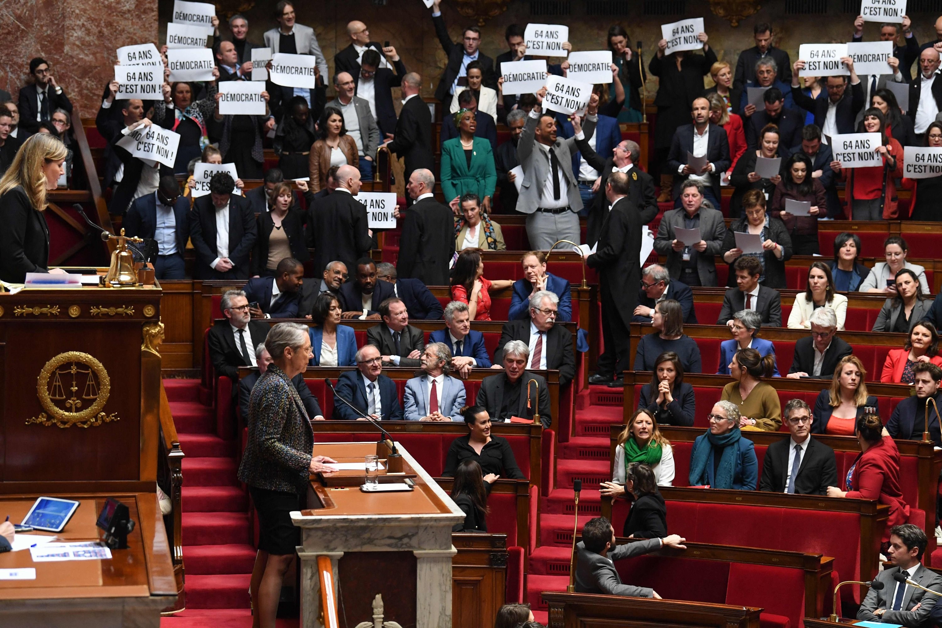 Members of parliament in France during PM Elizabeth Borne's speech to push the pension reform in Paris, France, on March 16, 2023 (AFP)