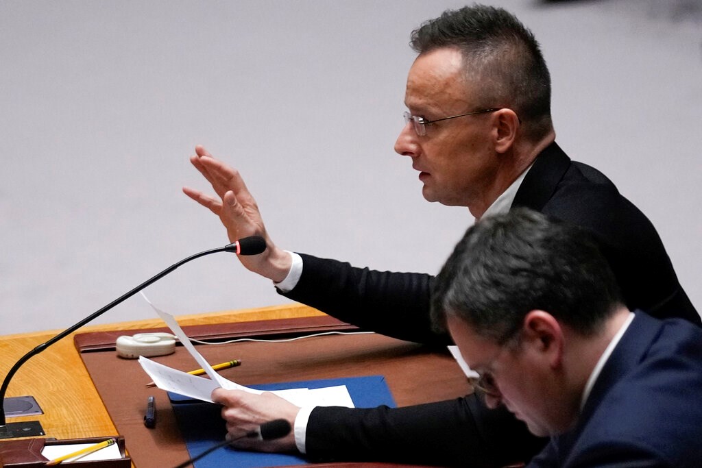 Hungarian Foreign Minister Peter Szijjarto speaks during a Security Council meeting at United Nations headquarters, Friday, Feb. 24, 2023 (AP Photo/Seth Wenig)