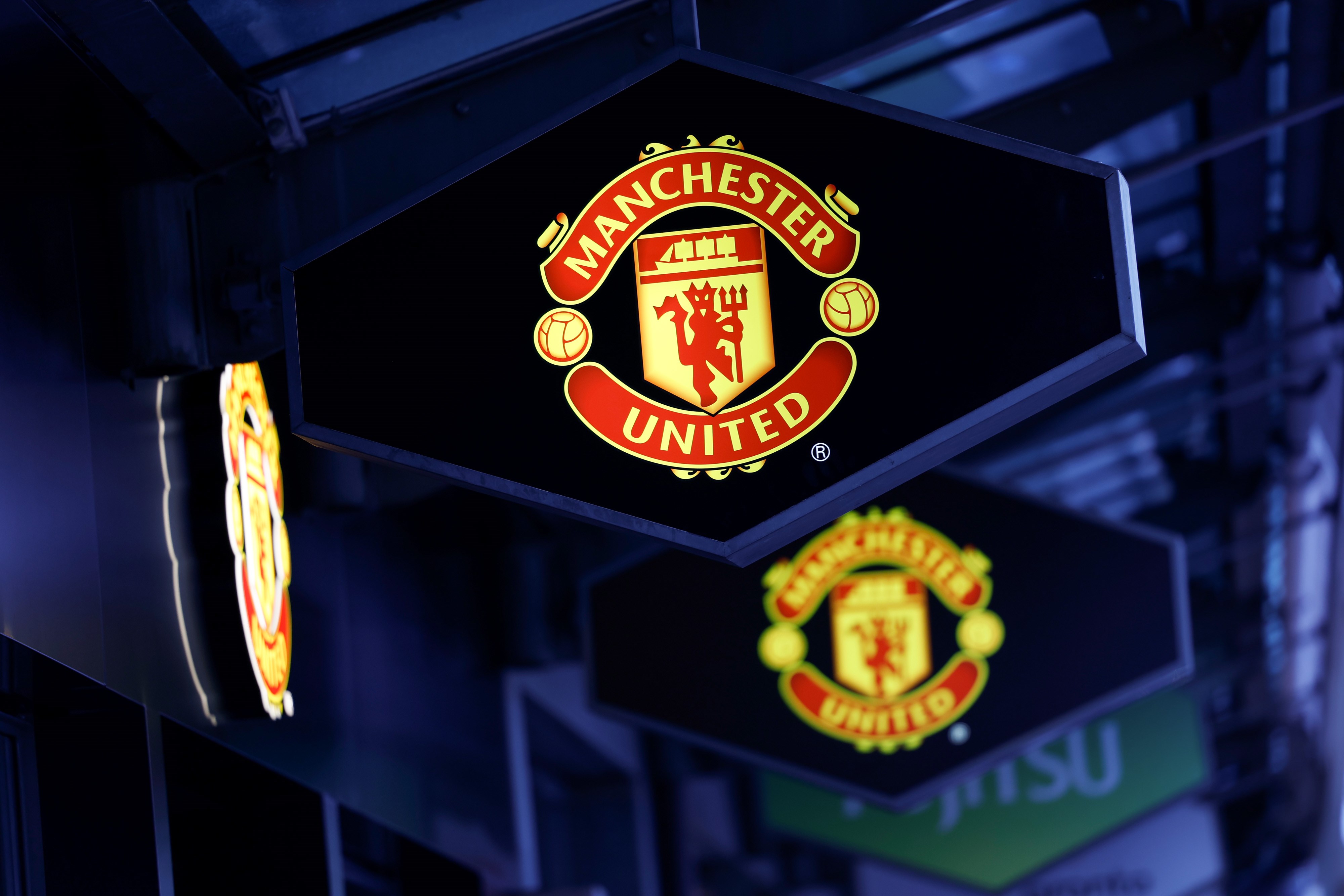 A logo of the England footbal club, Manchester United, in Davos, Switzerland in January 2023 (Bloomberg)