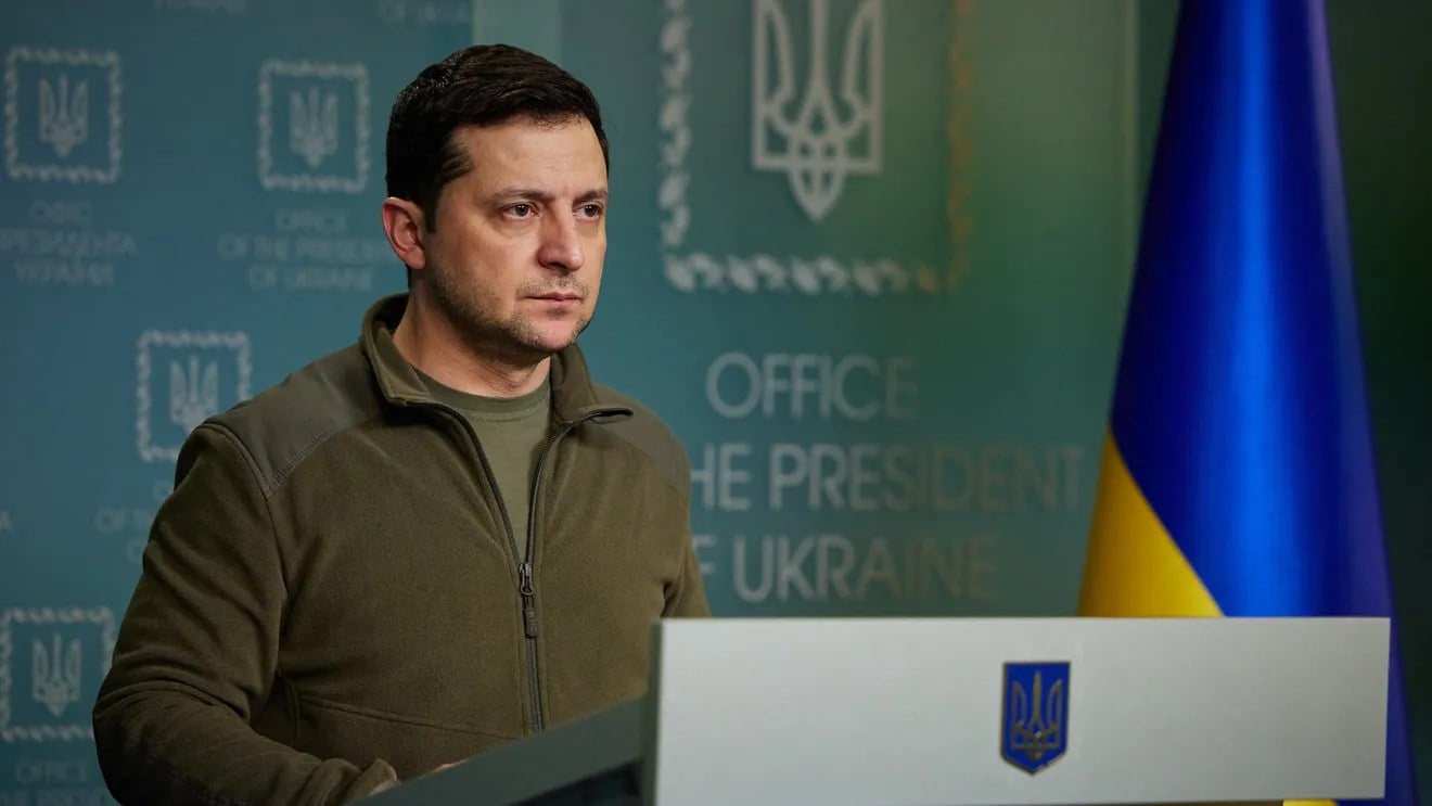 Ukrainian President Volodymyr Zelensky speaks at a press conference on 25, February, 2022. (AFP)