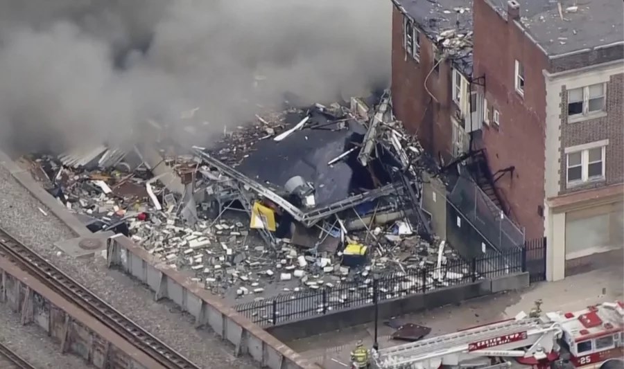 A photo from the explosion scene of the RM Palmer chocolate factory in Pennsylvania, US  on March 24, 2023 (AP)