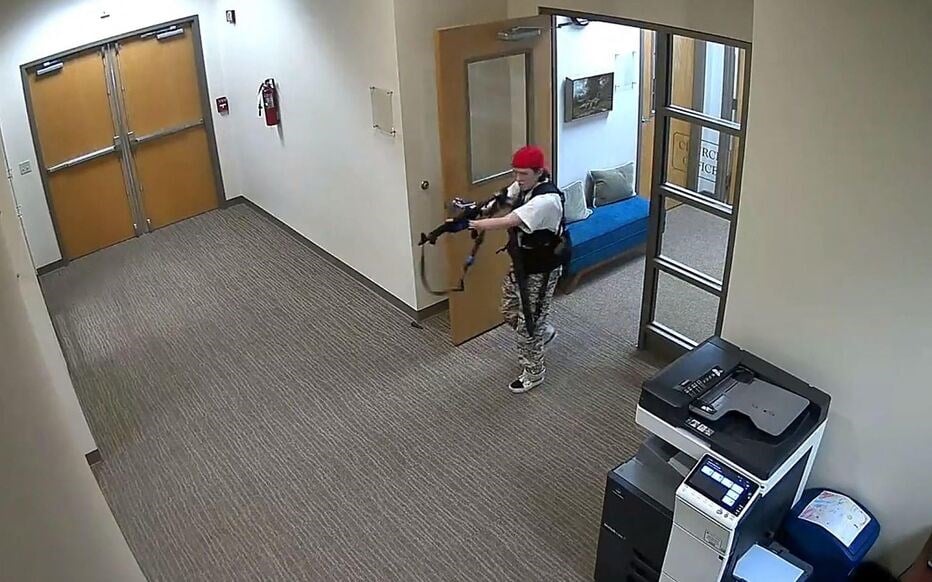 A screenshot from the footage released by the Nashville PD of the shooting at the Tennessee school on March 27, 2023 (AFP)