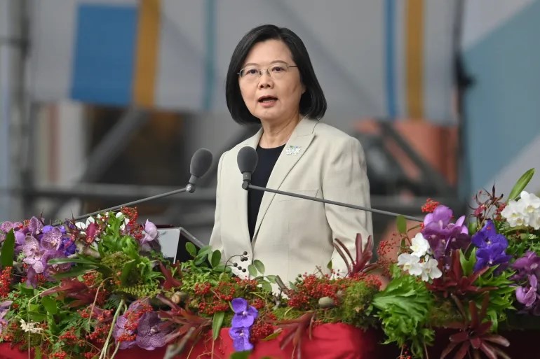 Taiwan's President Tsai Ing-wen speaks outside the presidential office on the island's national day (AFP)
