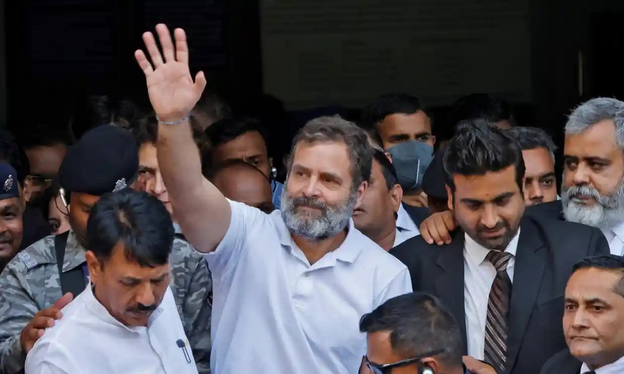 Rahul Gandhi, of the Congress party, leaving a court, in Surat, Gujarat, India, on 3 April 2023. (Reuters)