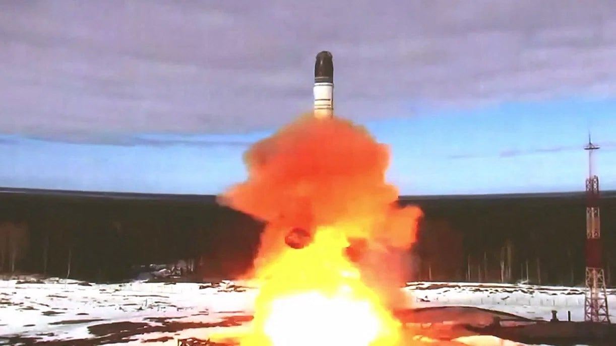 This grab made from a handout video footage released by the Russian Defense Ministry on 20 April, 2022 shows the launching of the Sarmat intercontinental ballistic missile at Plesetsk testing field, Russia. (AFP)