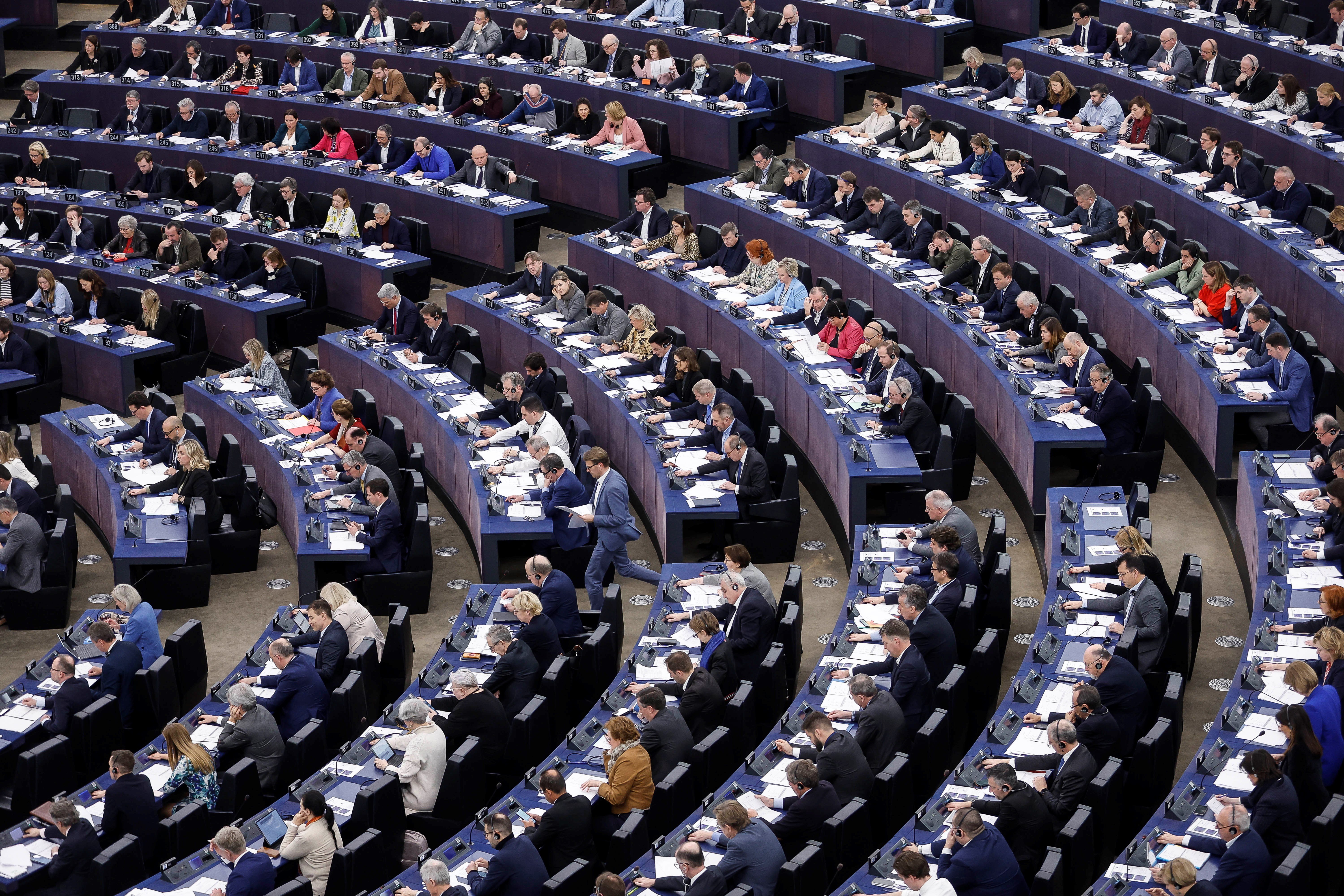 Members of European parliament vote for a new law binding annual greenhouse gas emission reductions by Member States, Tuesday, March 14, 2023 in Strasbourg, eastern France. (AP)