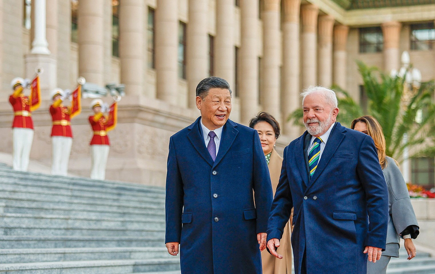 Brazil’s President Luiz Inacio Lula da Silva and China’s President Xi Jinping attend a welcoming ceremony at the Great Hall of the People in Beijing, China, April 14, 2023 (Reuters)