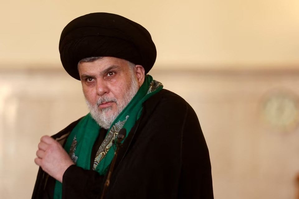 Leader of the Sadrist Movement, Muqtada al-Sadr delivers a sermon to worshipers at the Kufa mosque, Kufa, Iraq, 4 November 2022. (Reuters)