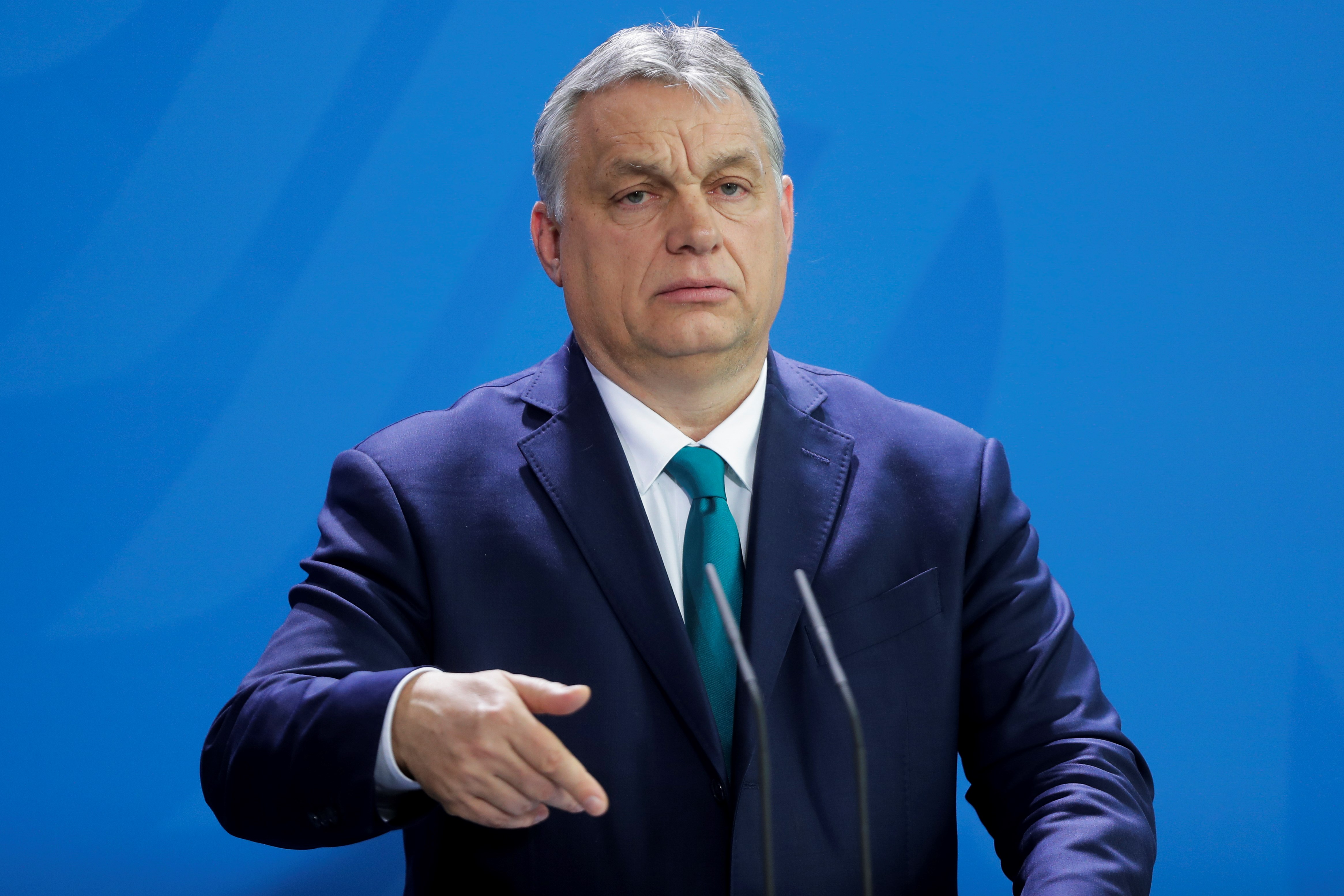 Hungary's Prime Minister Victor Orban briefs the media in Berlin, Germany, Monday, Feb. 10, 2020.  (AP)