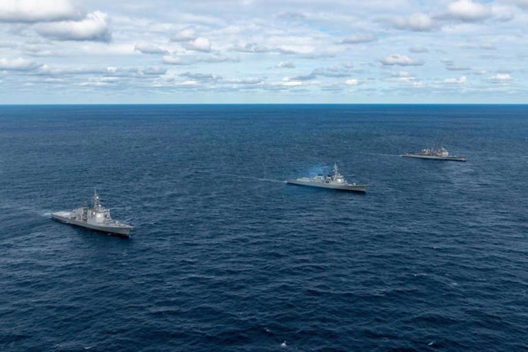 File image of a joint South Korea-U.S.-Japan naval drill in the East Sea in response to North Korea's firing of intermediate-range and short-range ballistic missiles. (US Department of Defense )