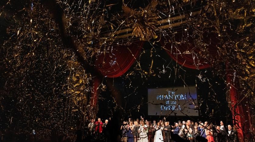 Cast and crew members take a final bow as confetti is released after the final performance of the Phantom of the Opera, which closes after 35 years on Broadway, in New York City, US, April 16, 2023. (Reuters)