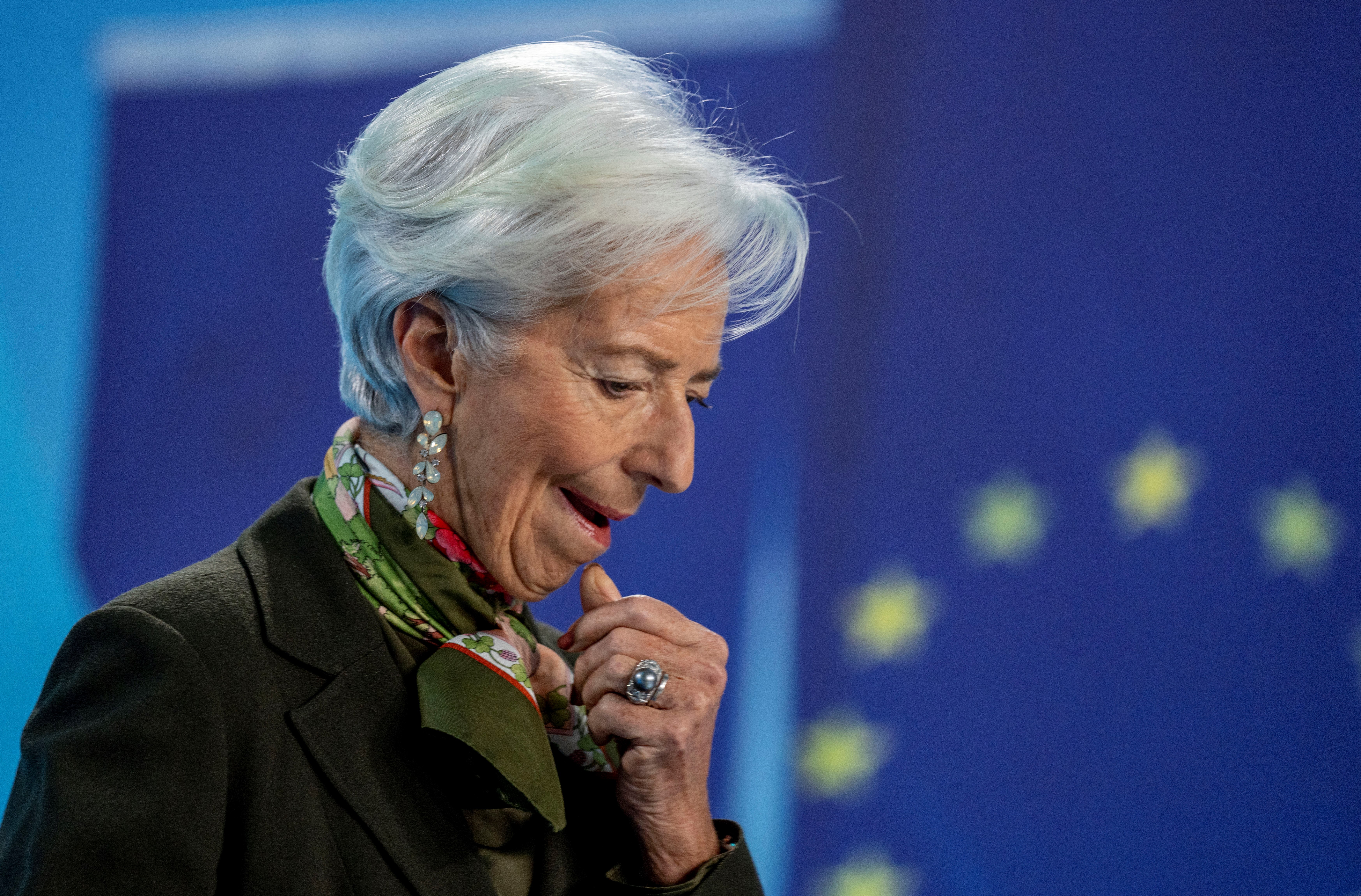 The President of European Central Bank Christine Lagarde attends a press conference following the meeting of the banks governing council in Frankfurt, Germany, Thursday, Feb. 2, 2023. (AP)