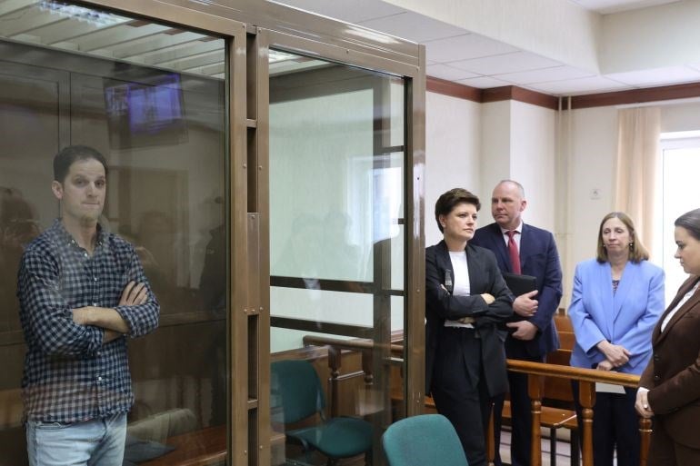 WSJ journalist Evan Gershkovich stands in a Moscow courtroom on April 18, 2023, during an unsuccessful appeal against his detention on espionage charges. (Reuters)