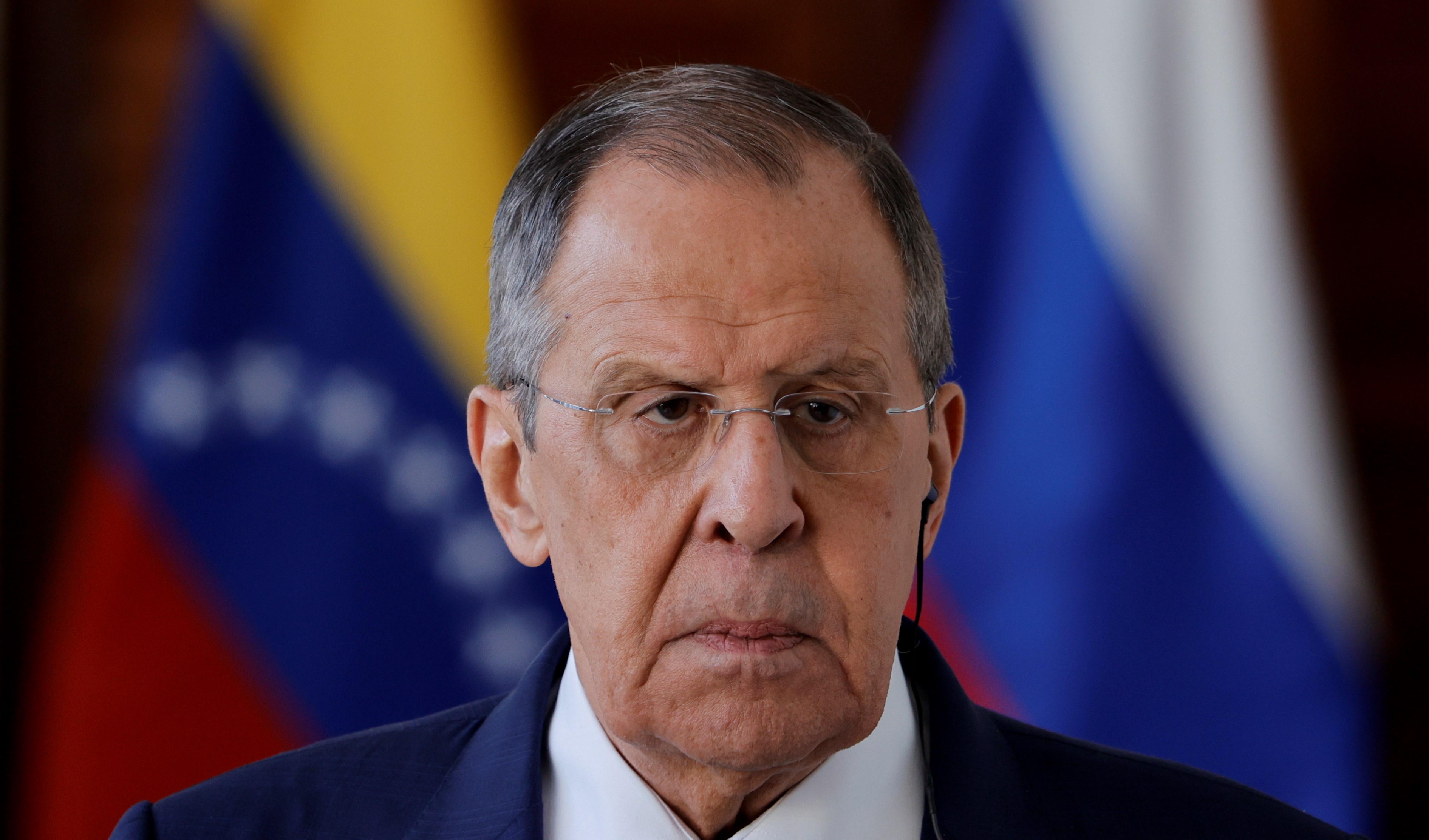 Russian Foreign Minister Sergey Lavrov attends a press conference at the Foreign Ministry in Caracas, Venezuela, Tuesday, April 18, 2023. (AP)