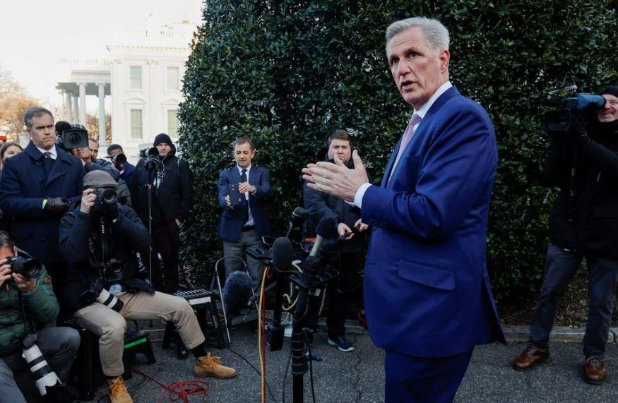 US House Speaker Kevin McCarthy (R-CA) speaks to reporters following his meeting with President Joe Biden about the looming debt ceiling issue at the White House in Washington, U.S. February 1, 2023. (REUTERS)
