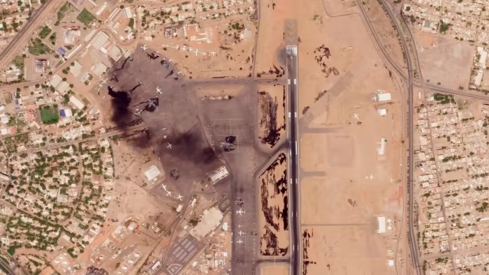 Birdseye view of Khartoum International Airport on Monday after clashes in between the Sudanese army and the Rapid Support Forces damaged aircrafts and facilities at the airport, 17 April 2023. (AFP)