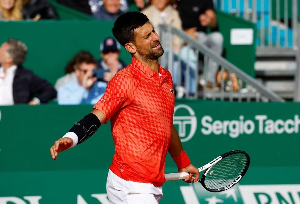 Serbian tennis star Novak Djokovic seen during his round of 16 match against Italian player Lorenzo Musetti, in the Monte Carlo Masters, Monte Carlo, France, 13 April 2023. (Reuters)