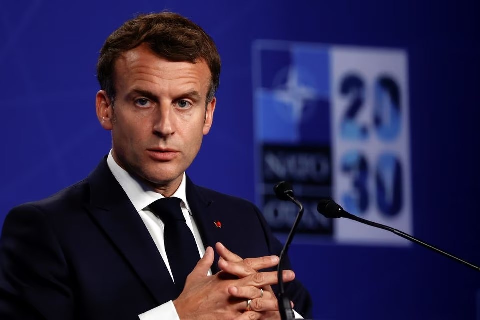 French President Emmanuel Macron holds a conference during NATO's summit in Brussels, Belgium, 14 June 2021. (Reuters)