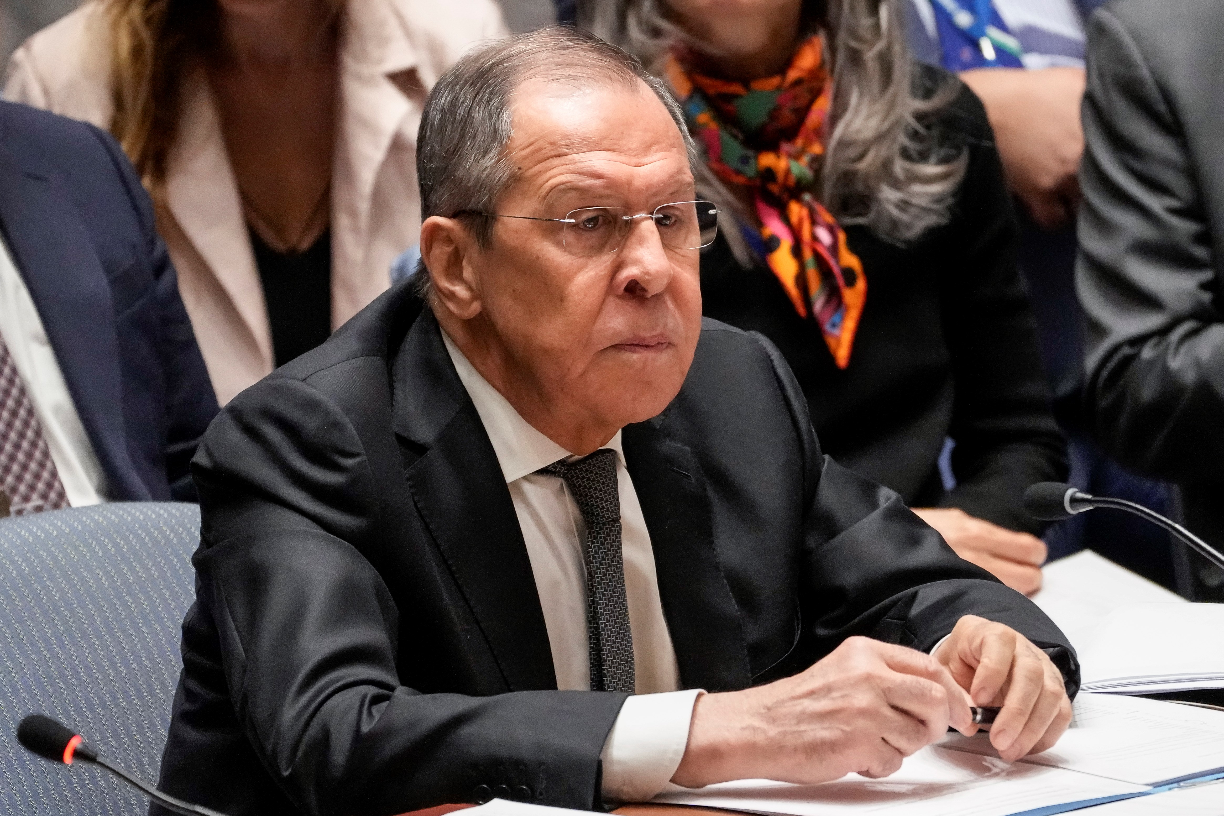 Russia's foreign minister Sergey Lavrov, serving as the president of the Security Council during a meeting of the UN Security Council, Monday, April 24, 2023, at United Nations headquarters. (AP)