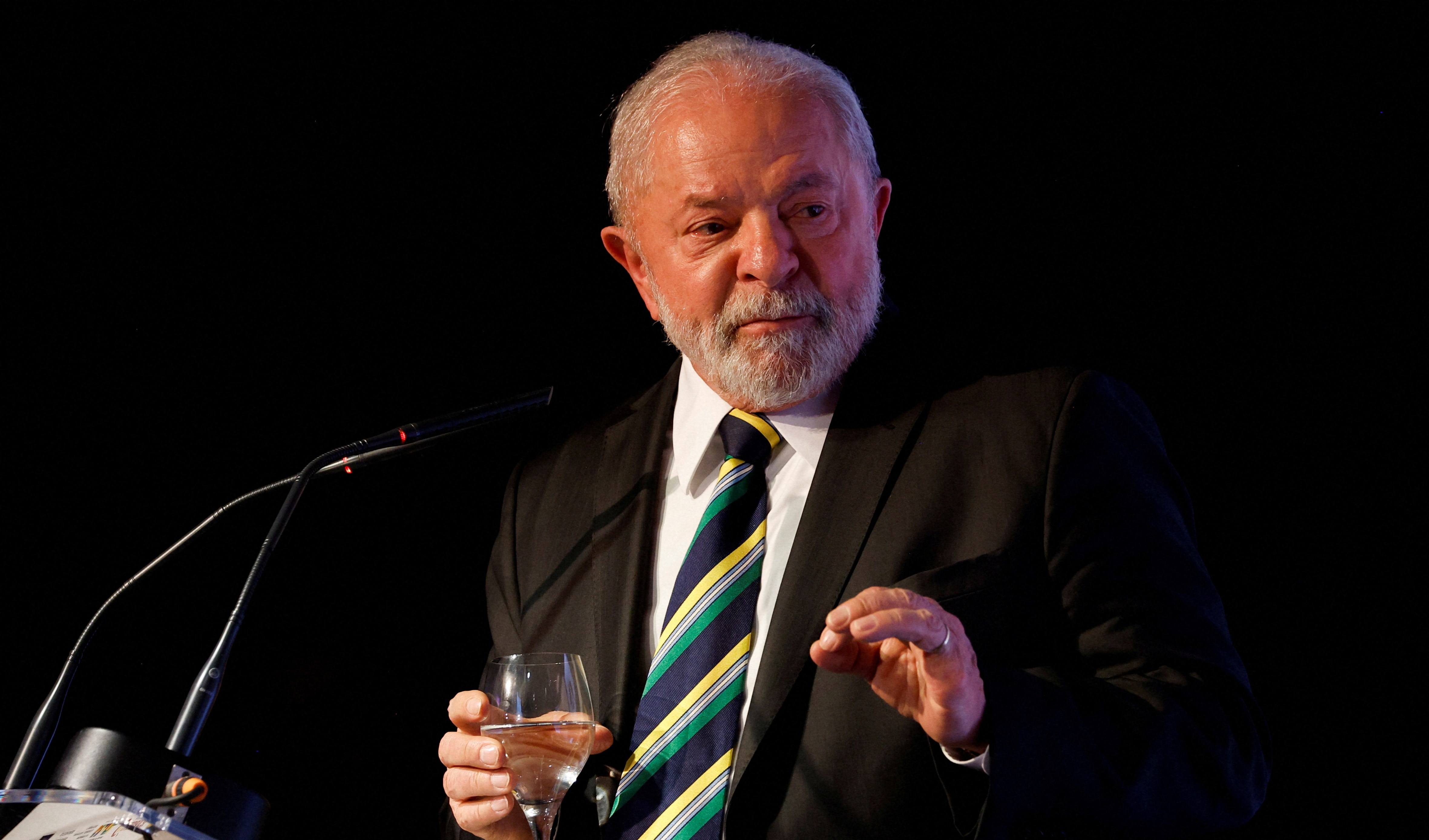 Brazil's President Luiz Inacio Lula da Silva gestures as he speaks during a business meeting with Spanish Minister for Economic Affairs Nadia Calvino, at Casa de America, in Madrid, Spain on April 25, 2023 (Reuters)