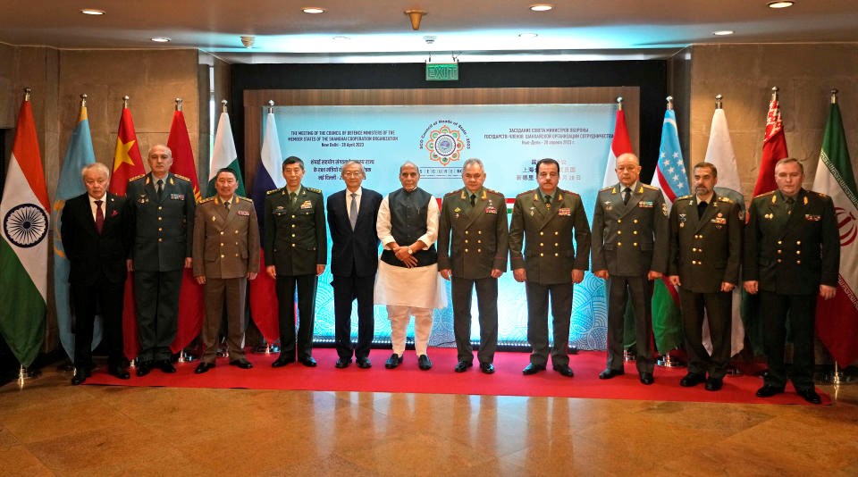 The SCO defense ministers before the start of the summit in New Delhi, India on April 28, 2023 (AP)