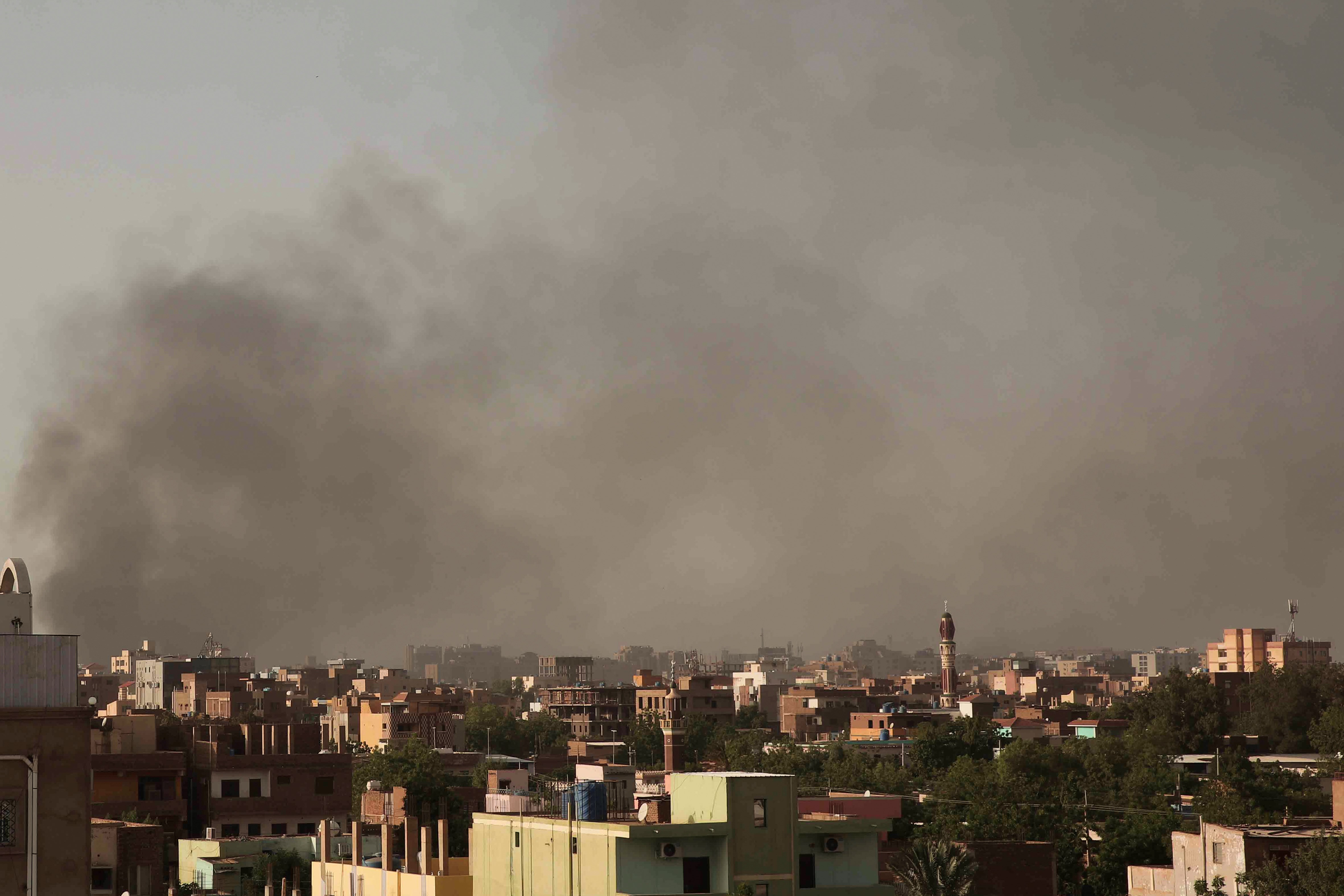 Smoke rises in Khartoum, Sudan, Saturday, April 29, 2023, as gunfire and heavy artillery fire continued despite the extension of a cease-fire between the country's two top generals. (AP)