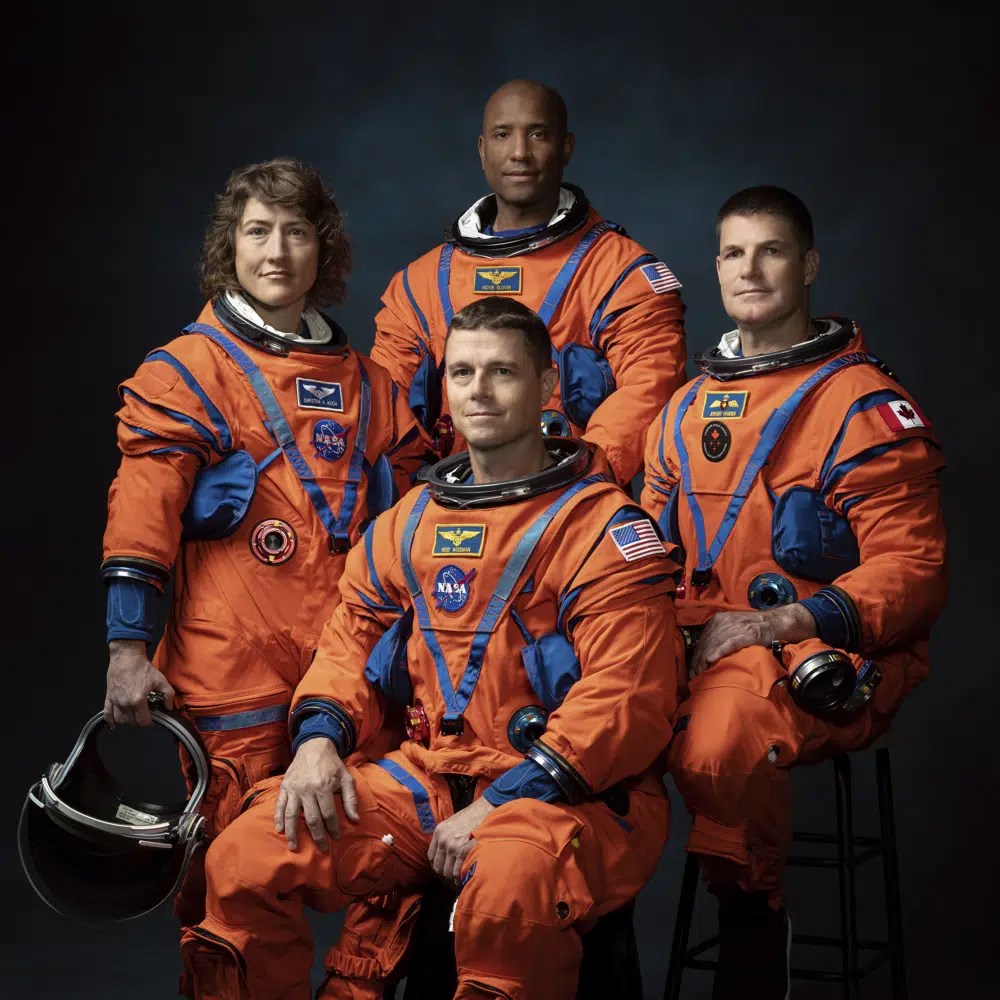 This photo provided by NASA shows, from left, NASA Astronauts Christina Koch, Victor Glover, Reid Wiseman, and Canadian Space Agency Astronaut Jeremy Hansen at the Johnson Space Center in Houston on March 29, 2023. (AP)