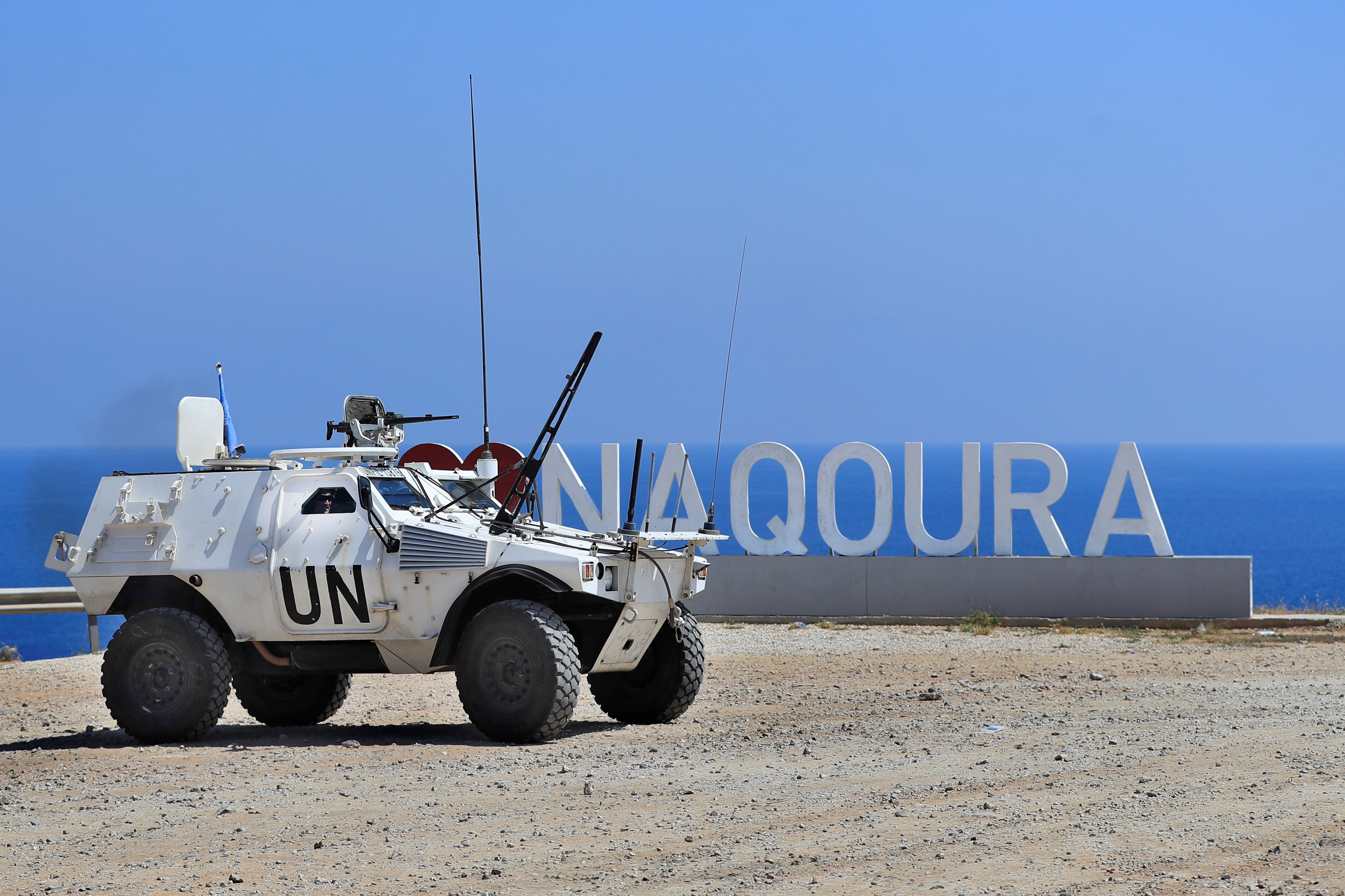 A United Nations Interim Force In Lebanon (UNIFIL) peacekeeping force vehicle patrols in the southern coastal border Lebanese town of Naqoura, Lebanon, Monday, June 6, 2022. (AP)