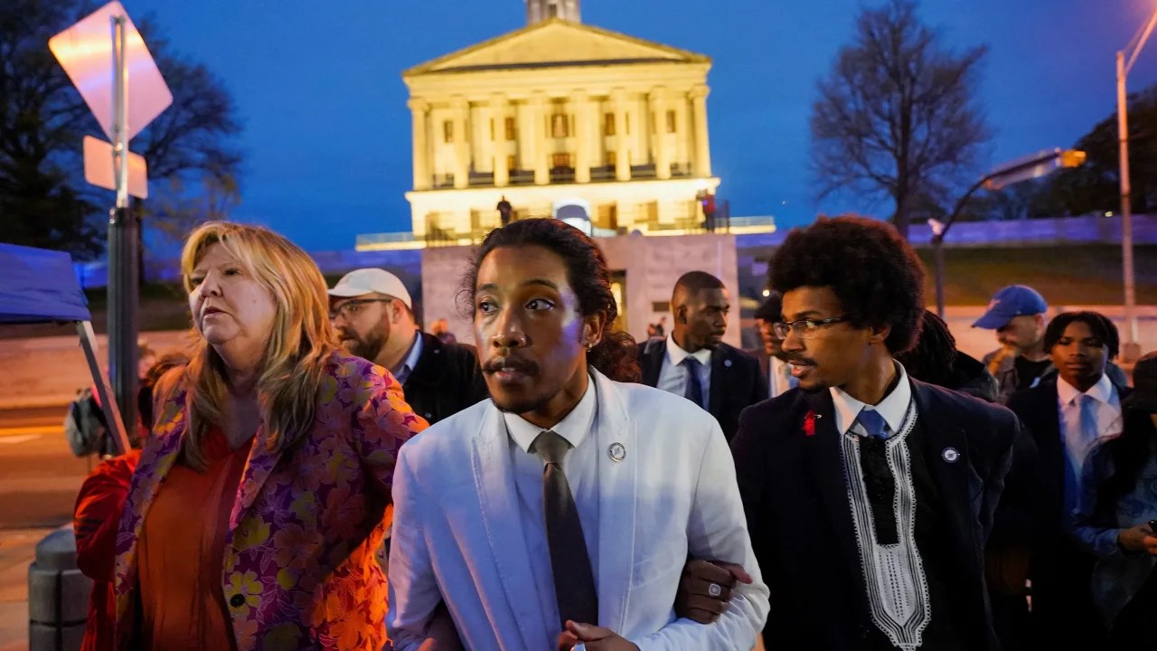 (Left to right) Rep. Gloria Johnson, former Rep. Justin Jones and former Rep. Justin Pearson leave the Tennessee State Capitol after the expulsion votes on April 6, 2023. (Reuters)