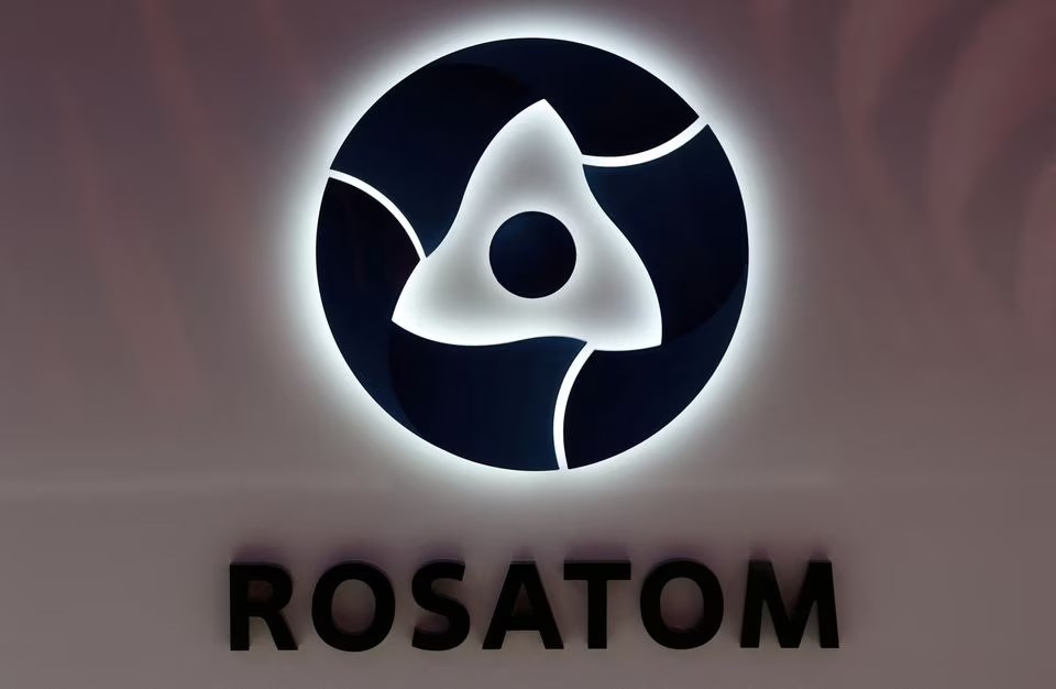 Board showing the logo of Russian nuclear Agency Rosatom at the St. Petersburg International Economic Forum (SPIEF), 16 June 2022, (Reuters)