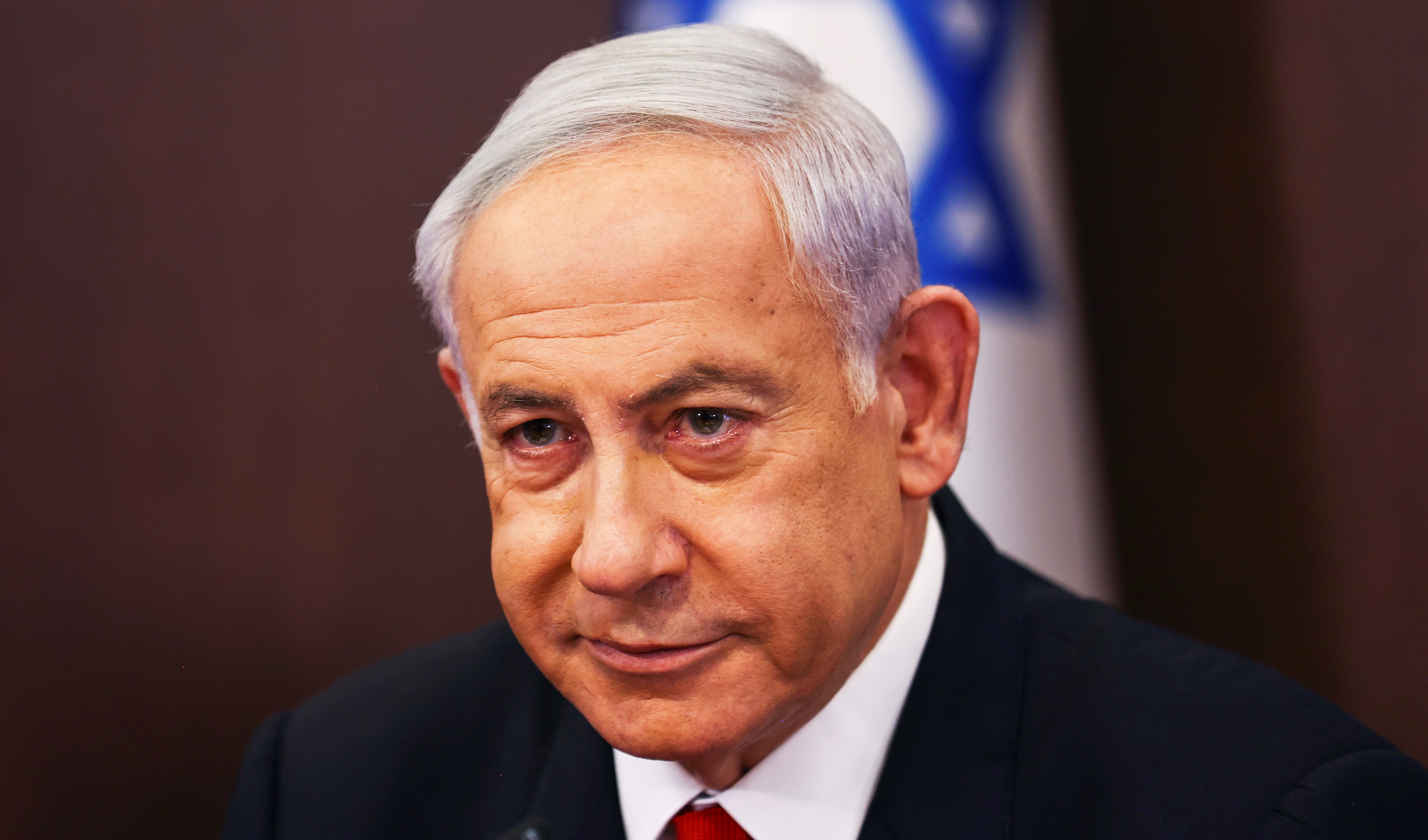 Israeli Prime Minister Benjamin Netanyahu convenes a cabinet meeting at the prime minister's office in Al-Quds Sunday, April 2, 2023. (AP)