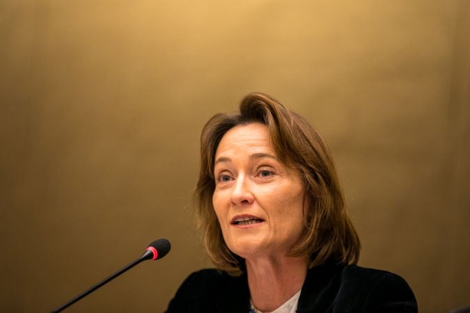 Pascale Baeriswyl speaking at a news conference (UN Women)