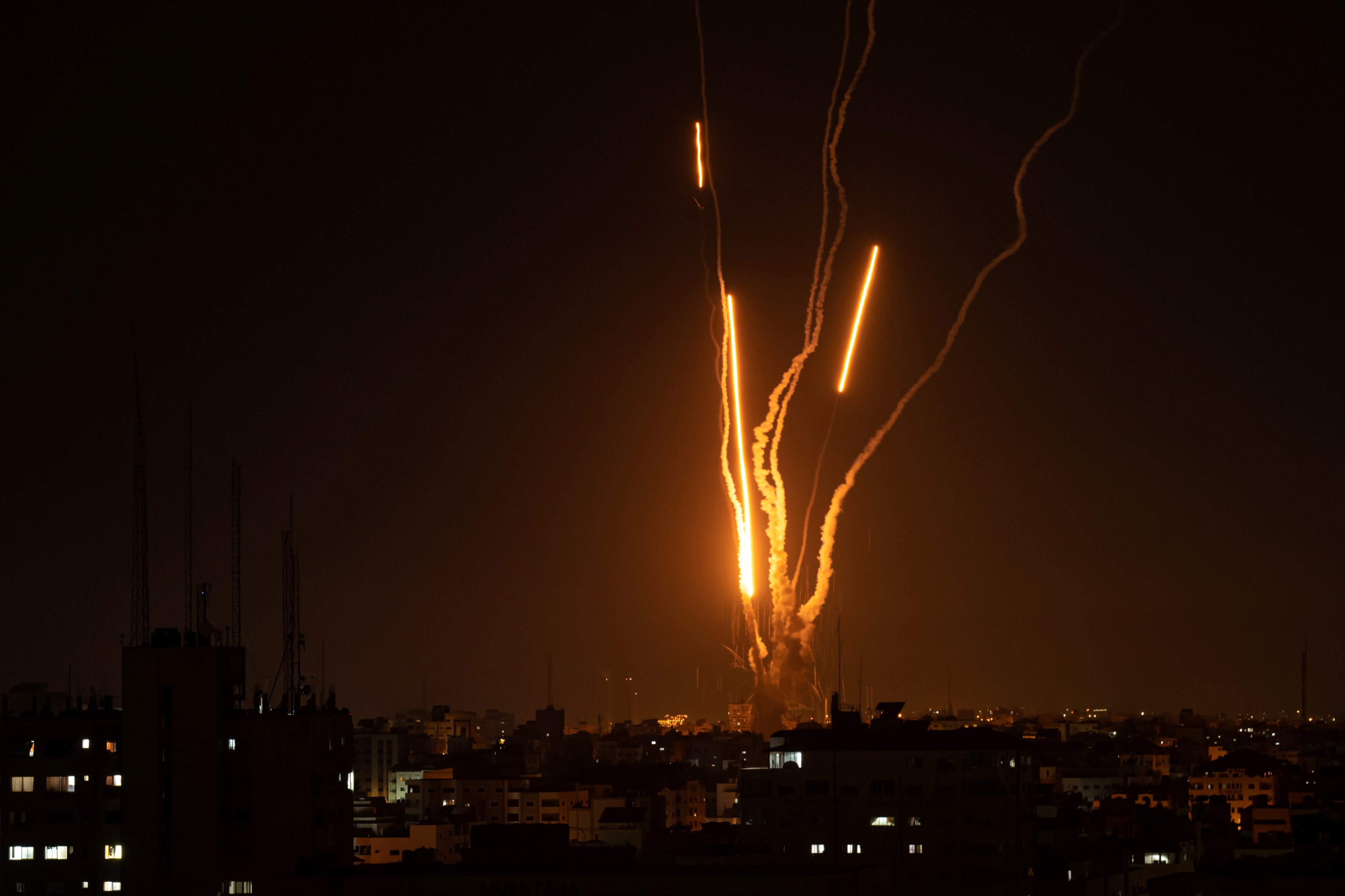 Rockets are launched from the Gaza Strip, in Gaza, Palestine, Wednesday, May 10, 2023 (AP Photo/Fatima Shbair)