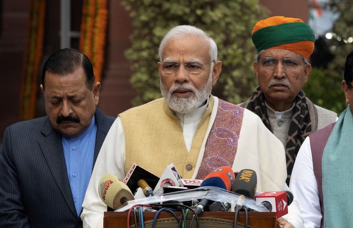 India's Prime Minister Narendra Modi speaks with the media inside the parliament premises upon his arrival on the first day of the budget session in New Delhi, India, January 31, 2023 (Reuters)