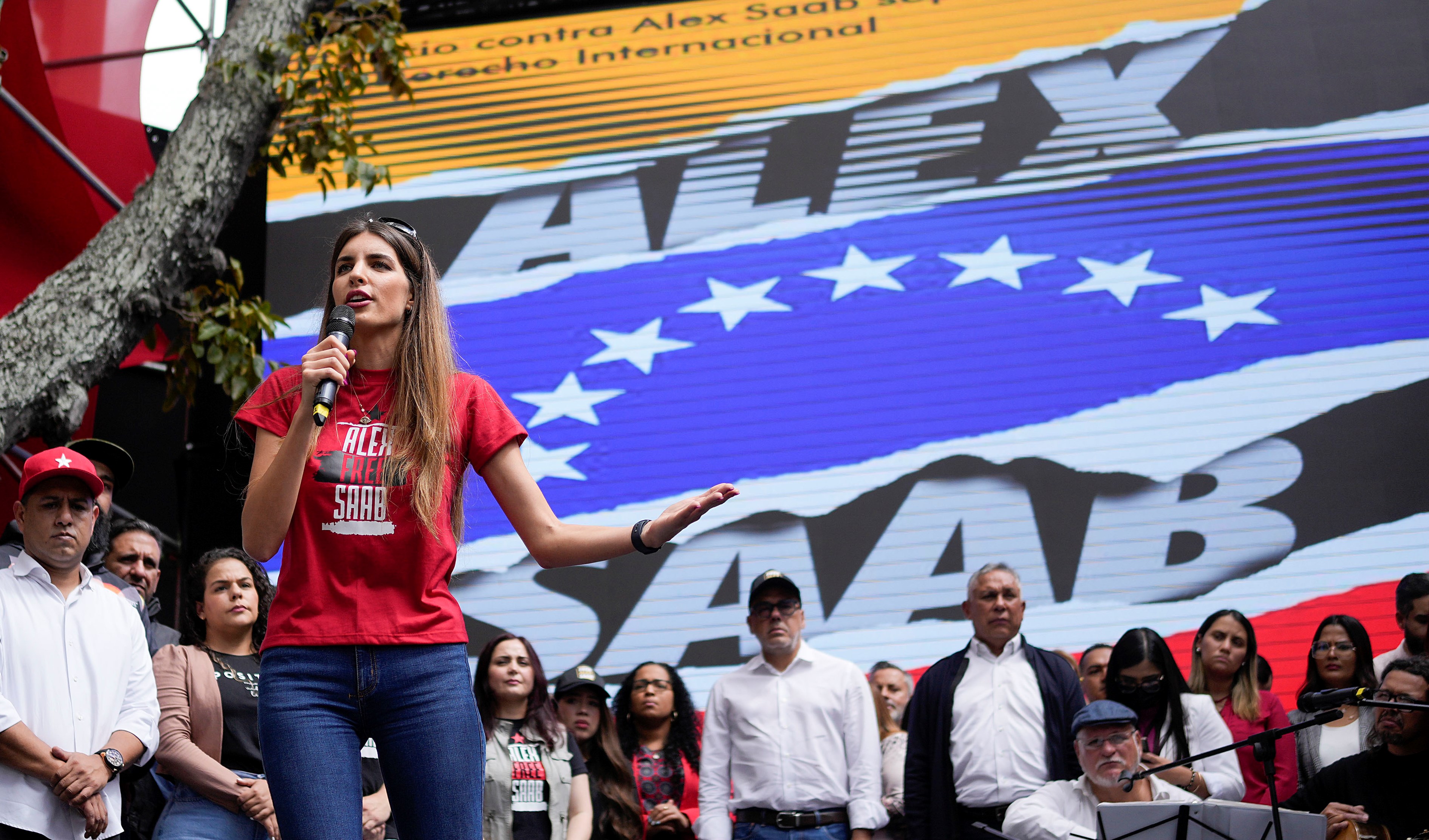 Camilla Fabri, wife of Colombian businessman Alex Saab, speaks during a demonstration demanding his release, in Caracas, Venezuela, Friday, Dec. 16, 2022. (AP)