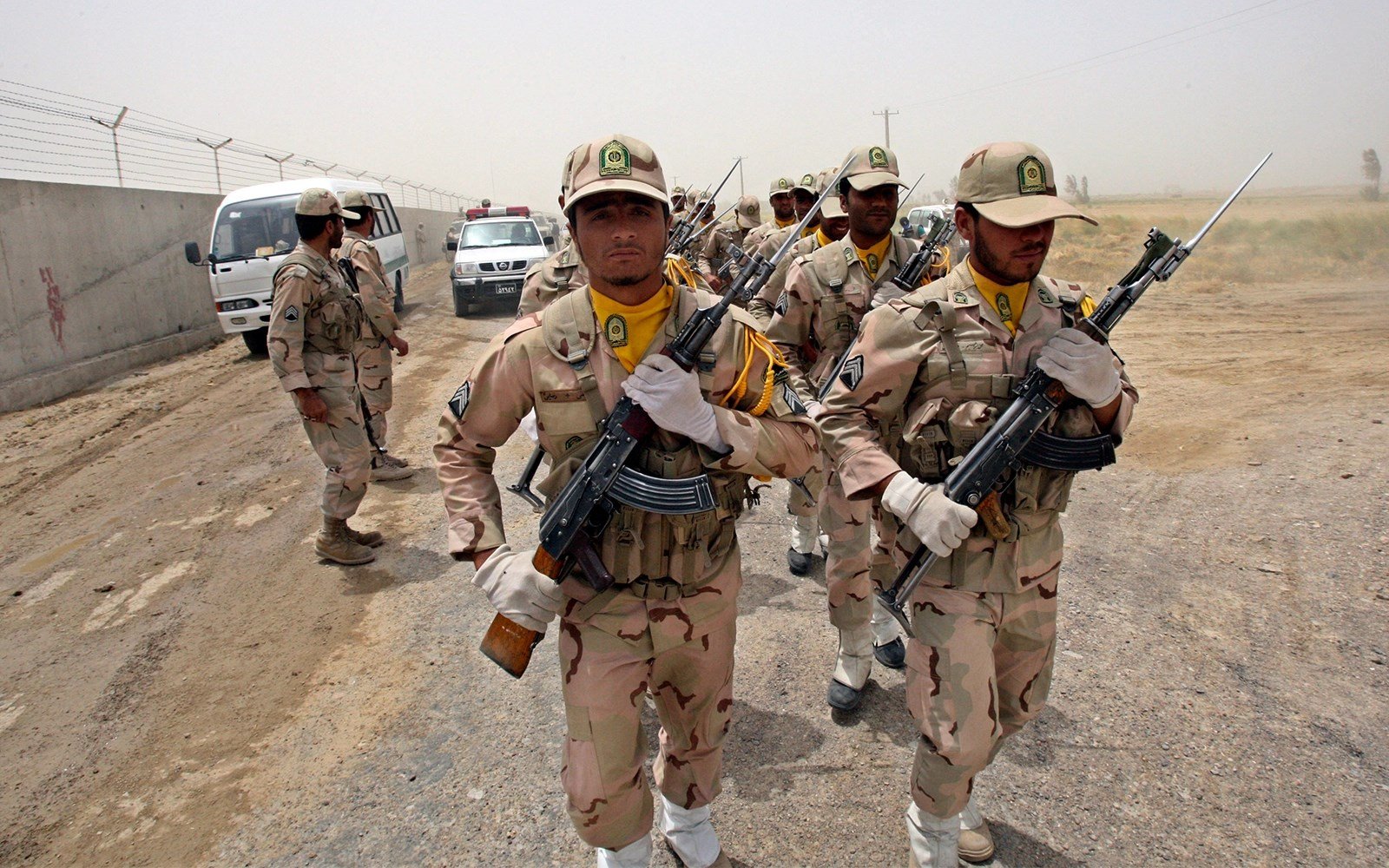 A group of Iranian border guards march at the eastern border of Iran shared with Pakistan and Afghanistan near Zabol, Sistan and Baluchistan Province, Iran, on July 19, 2011. (AP)