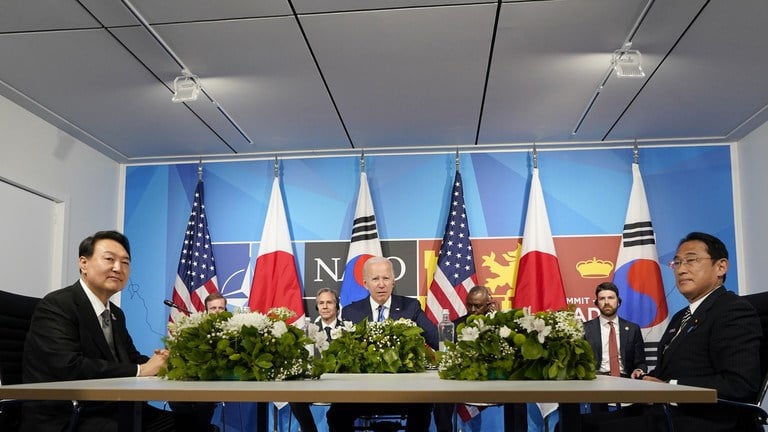 US President Joe Biden meets with the leaders of South Korea and Japan during a NATO summit in Madrid, Spain, June 29, 2022 (AP)
