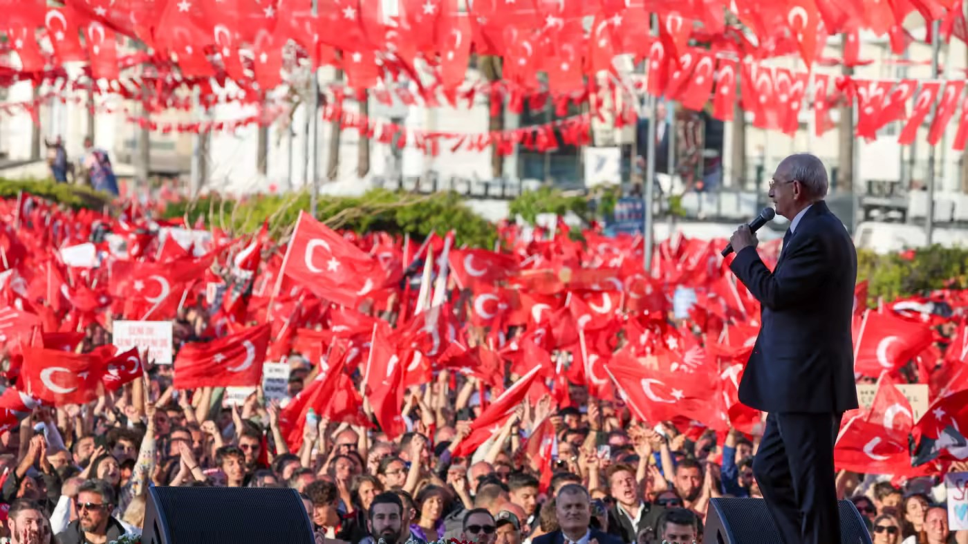 Kemal Kilicdaroglu, presidential candidate of Turkey's main opposition alliance, addresses supporters in Izmir on April 30, 2023. (Handout/Reuters)