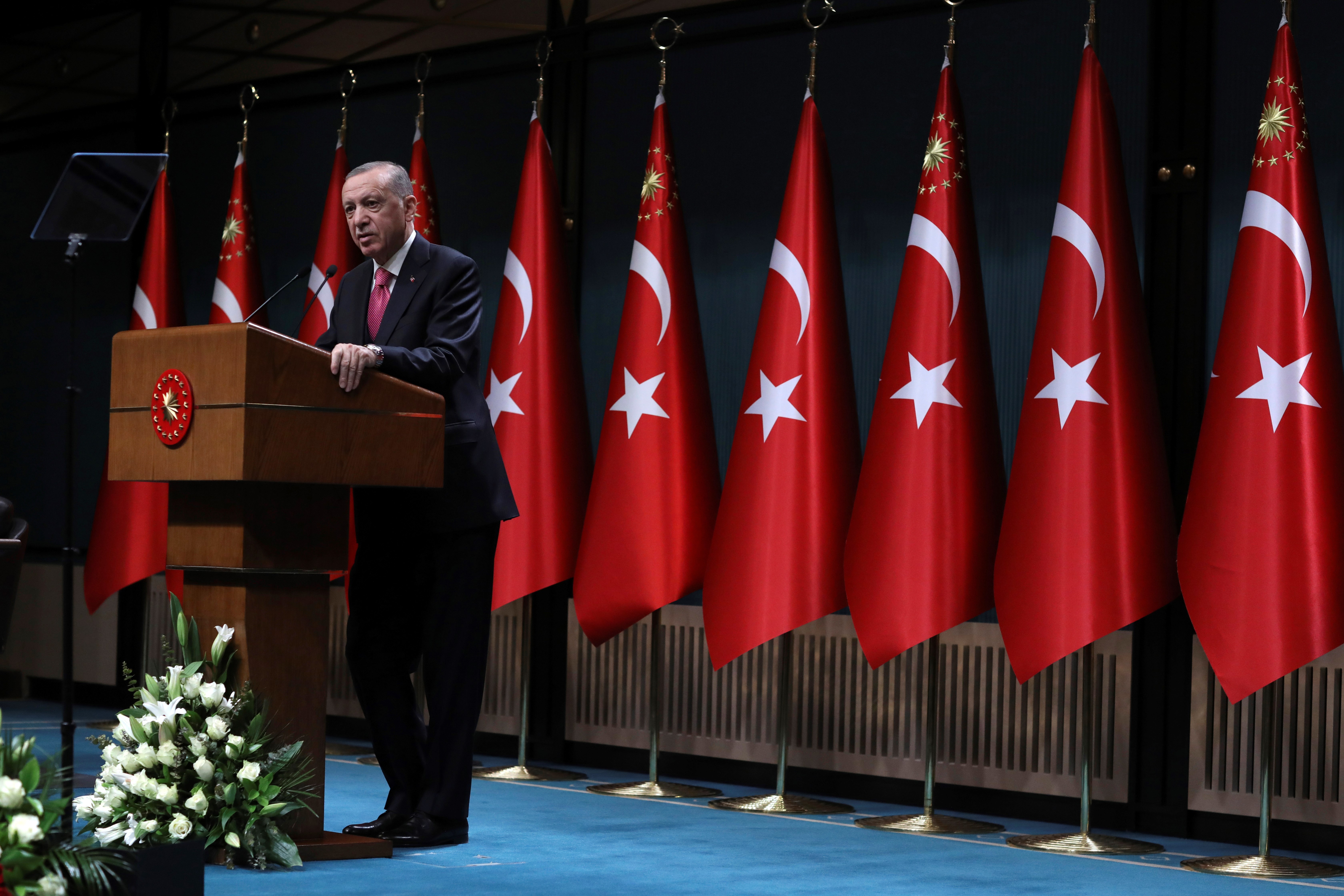 Turkey's President Recep Tayyip Erdogan speaks after he signed a decision confirming the election date, in Ankara, Turkey, Friday, March 10, 2023 (AP Photo/Burhan Ozbilici, File)