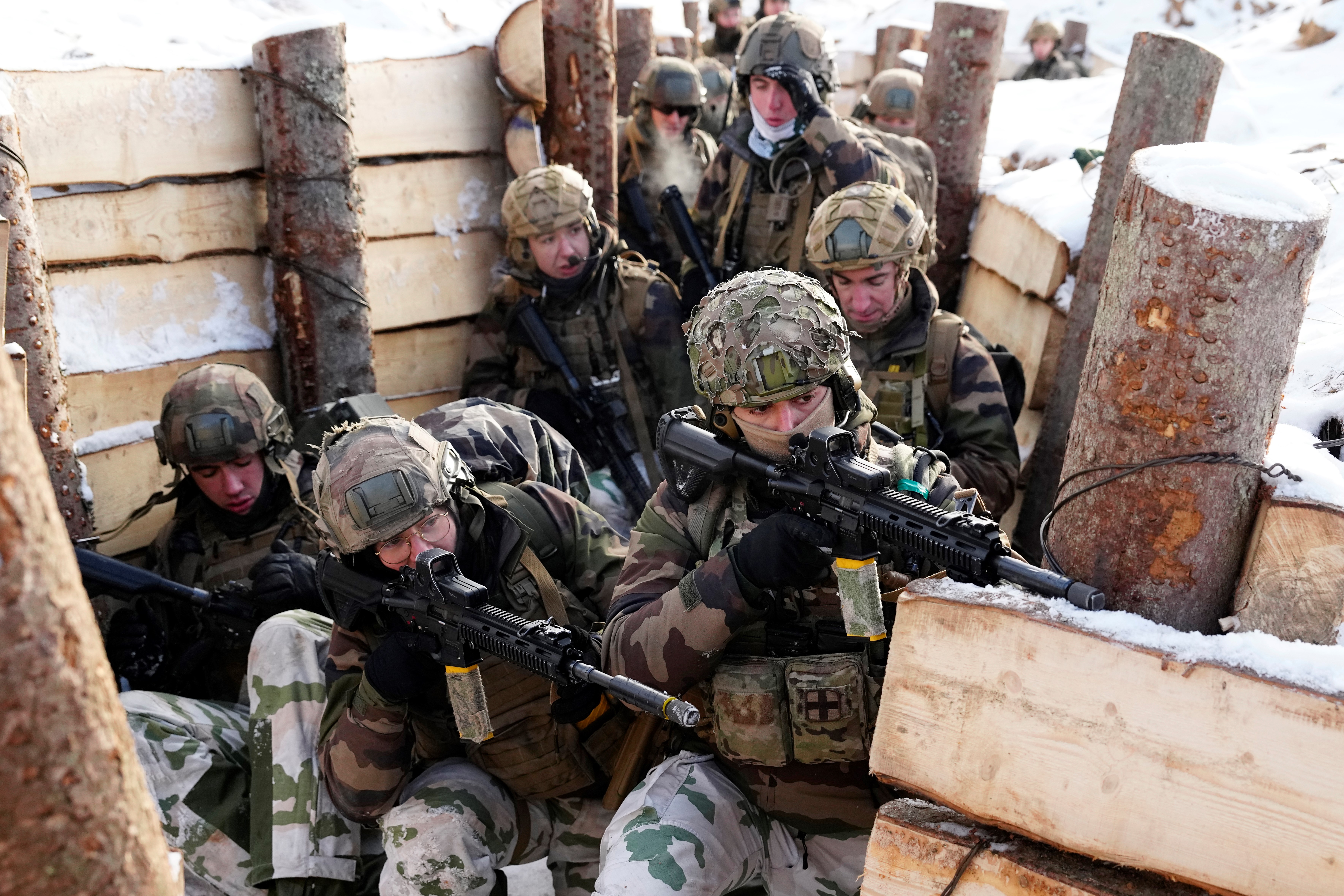 French soldiers attend the Winter Camp 23 military drills near Tapa, Estonia, Sunday, Feb. 5, 2023 (AP Photo/Pavel Golovkin)