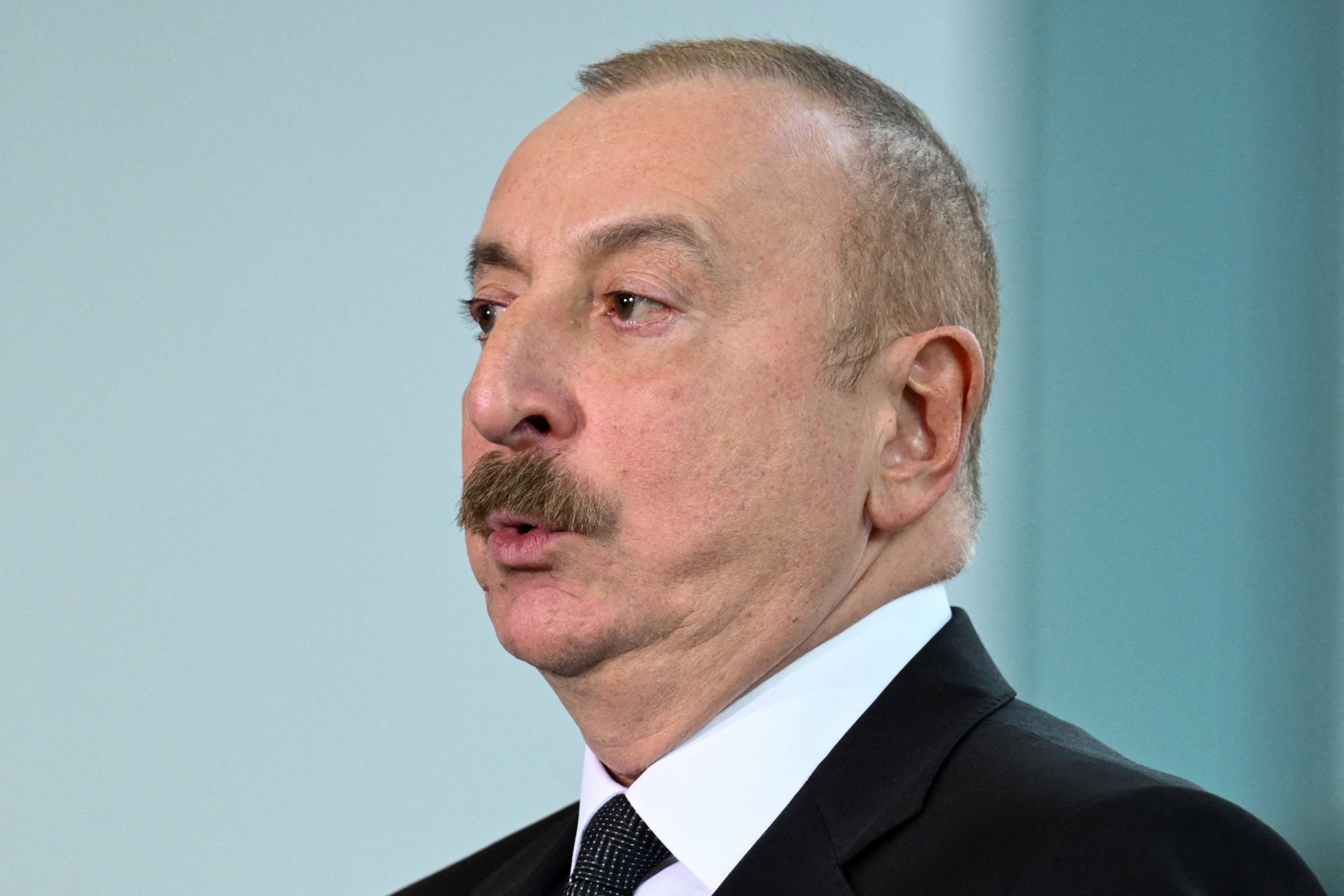 Ilham Aliyev speaks at a meeting with the German Chancellor Olaf Shcholz in Berlin, Germany, May 14 2023. (Reuters)