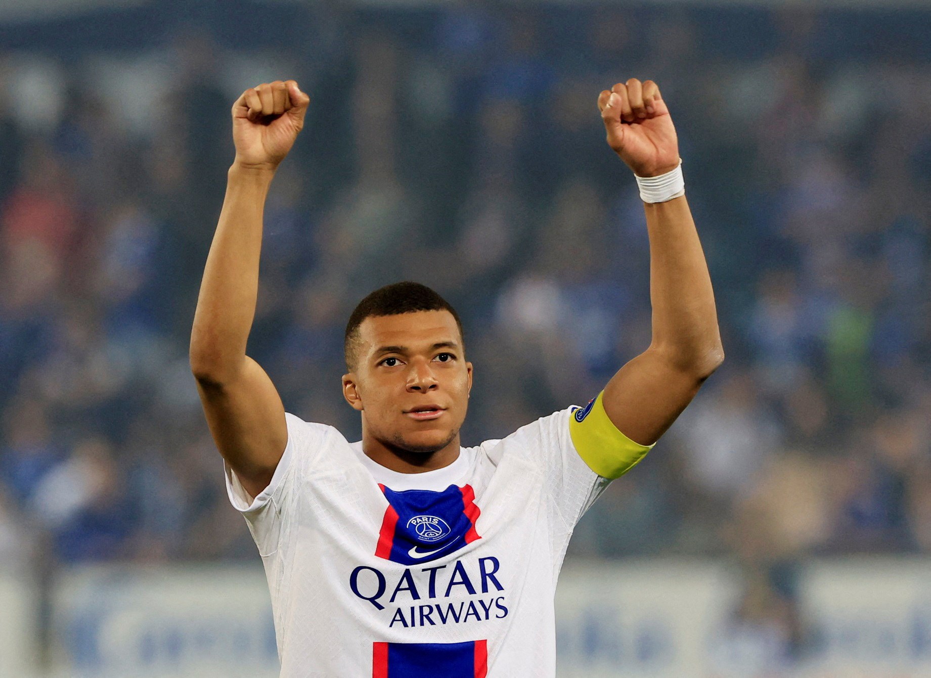 Kylian Mbappe celebrates after his team Paris Saint Germain secure their 11th Ligue 1 title, Strasbourg, France, May 27 2023. (Reuters)