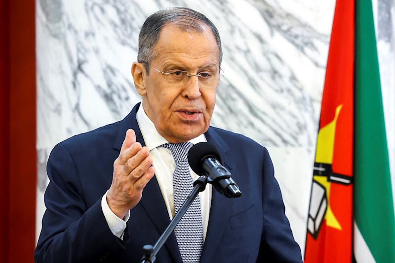 Russian Foreign Minister Sergey Lavrov gestures while speaking during a joint news conference following talks with local officials in Maputo capital city of Mozambique, on Wednesday, May 31, 2023. (Russian Foreign Ministry Press Service via AP)