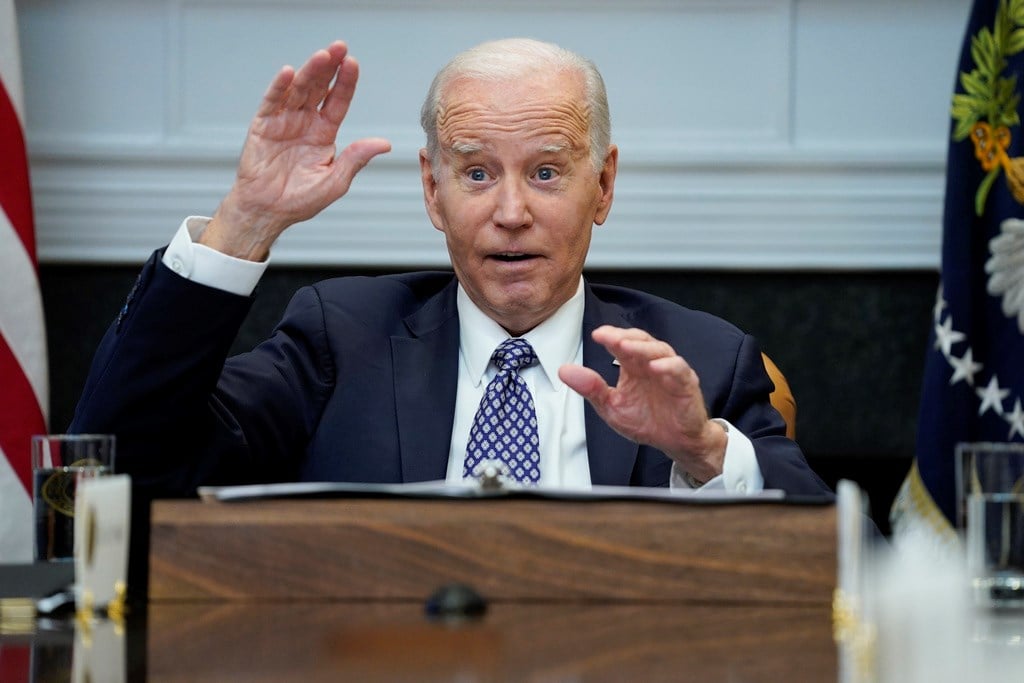 President Joe Biden speaks during a meeting with his