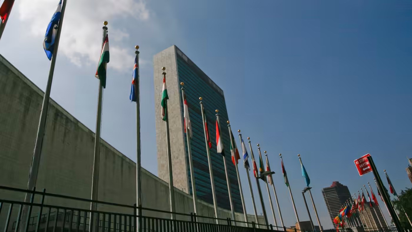 Member flags flying around the UN Headquarters in New York, US in July 2008 (Reuters)