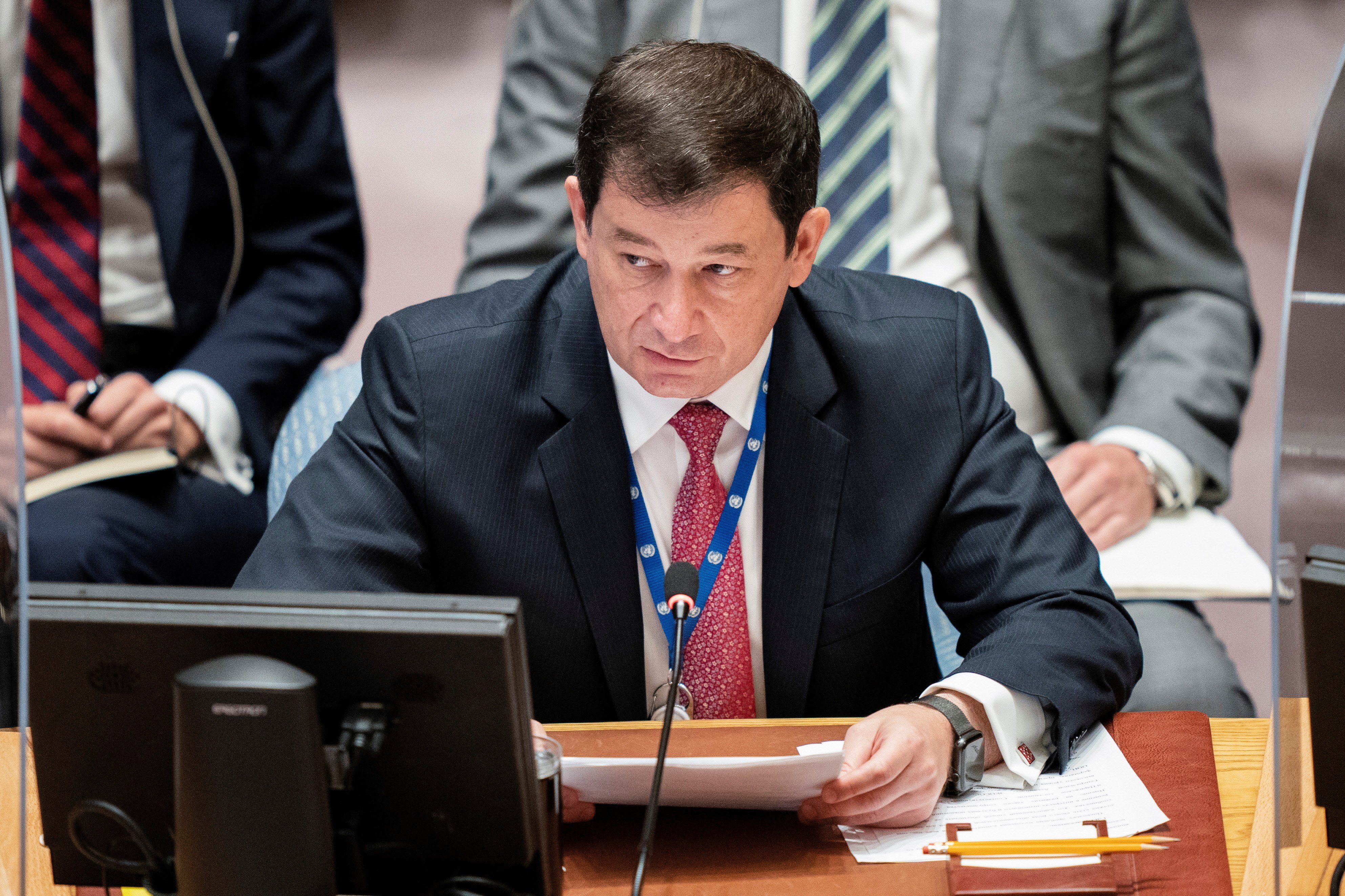 First Deputy Permanent Representative of Russia to the United Nation Dmitry Polyanskiy speaks during a meeting of the United Nations Security Council at the 76th Session of the U.N. General Assembly in New York, U.S. September 23, 2021. (AP)
