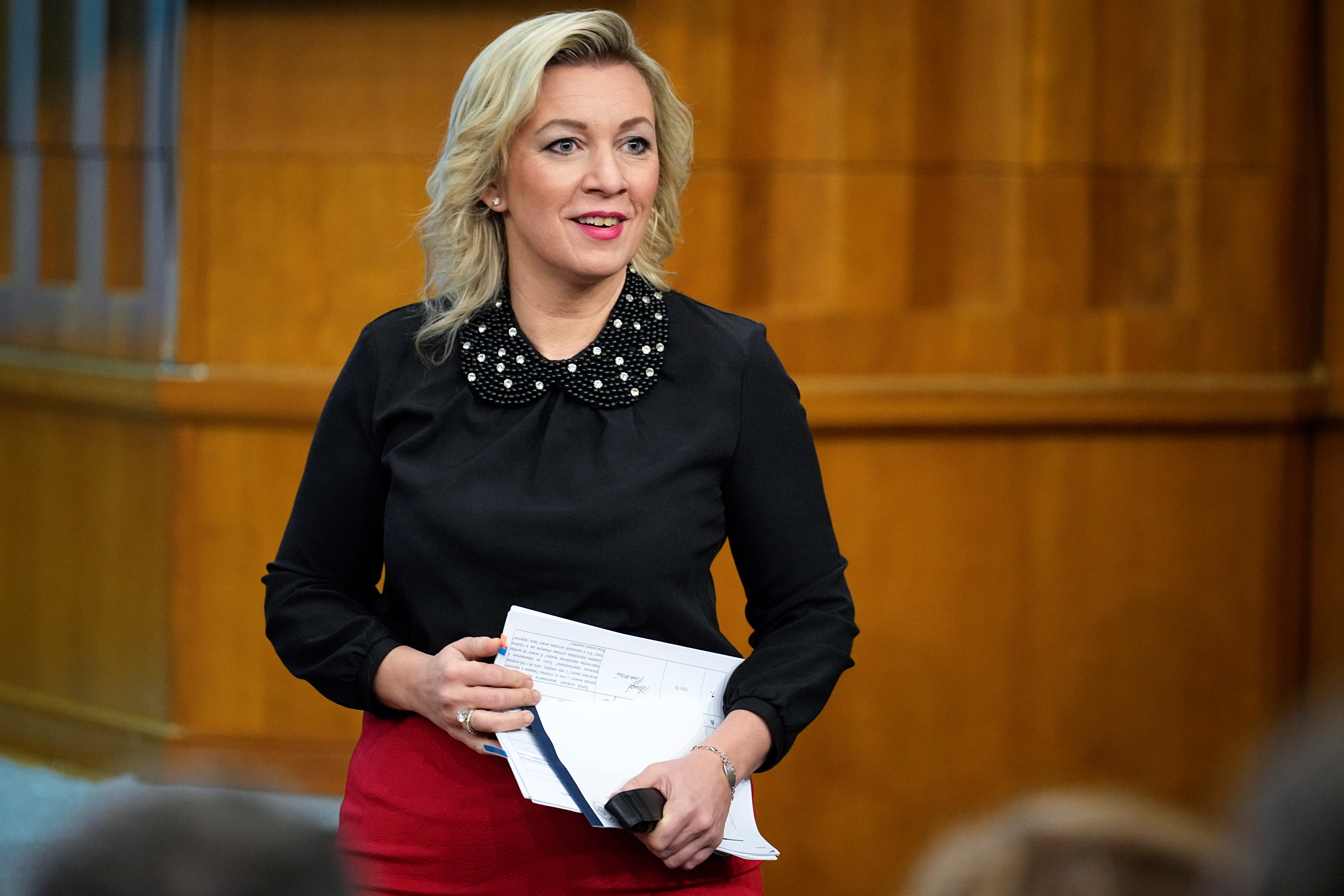 Russian Foreign Ministry spokeswoman Maria Zakharova arrives to attend Russian Foreign Minister Sergey Lavrov's annual news conference in Moscow, Russia, Wednesday, Jan. 18, 2023. (AP)
