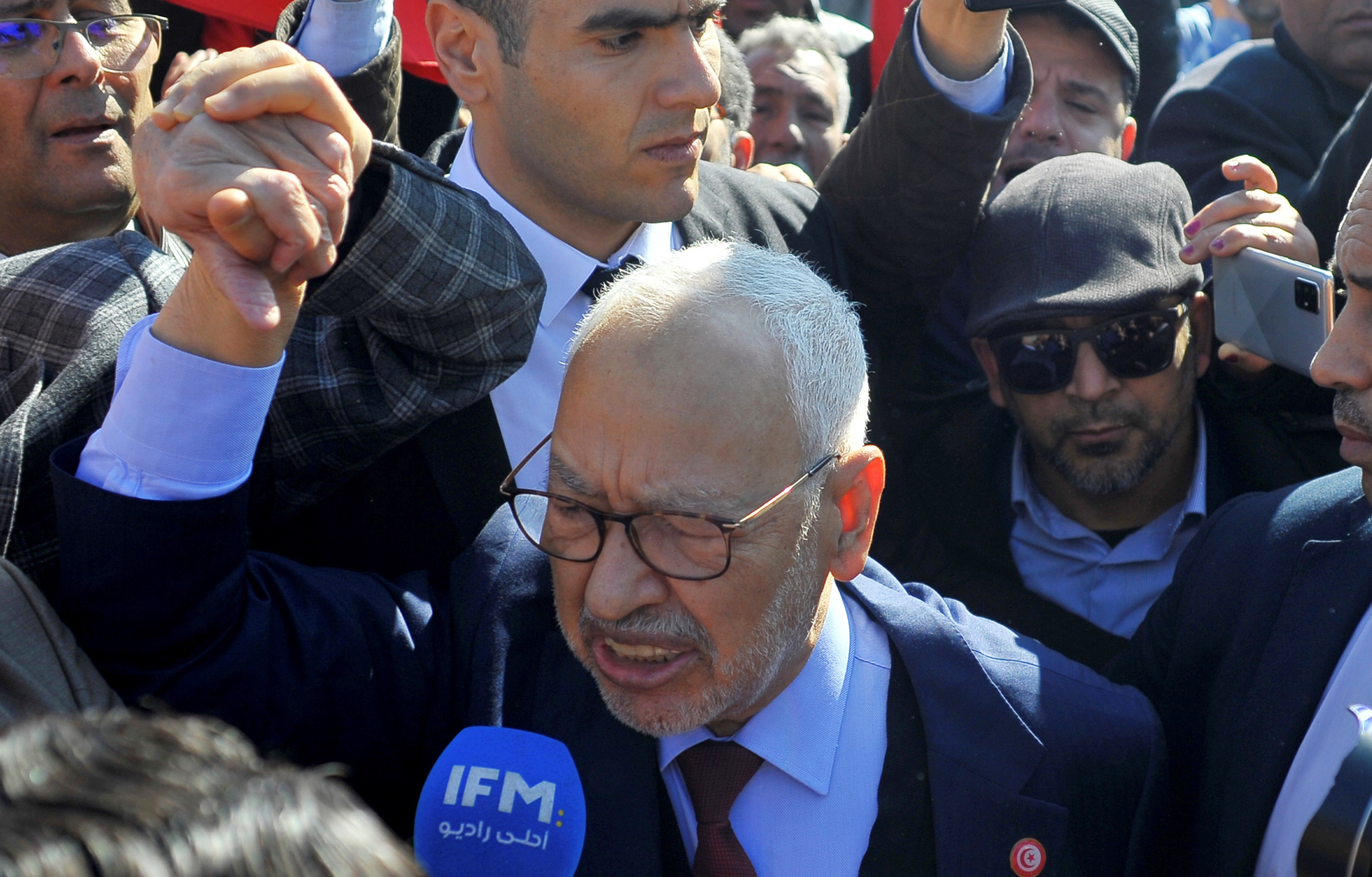 Leader of the Ennahdha party Rached Ghannouchi arrives at a police station I Tunis, Tuesday, Feb.21, 2023. (AP)