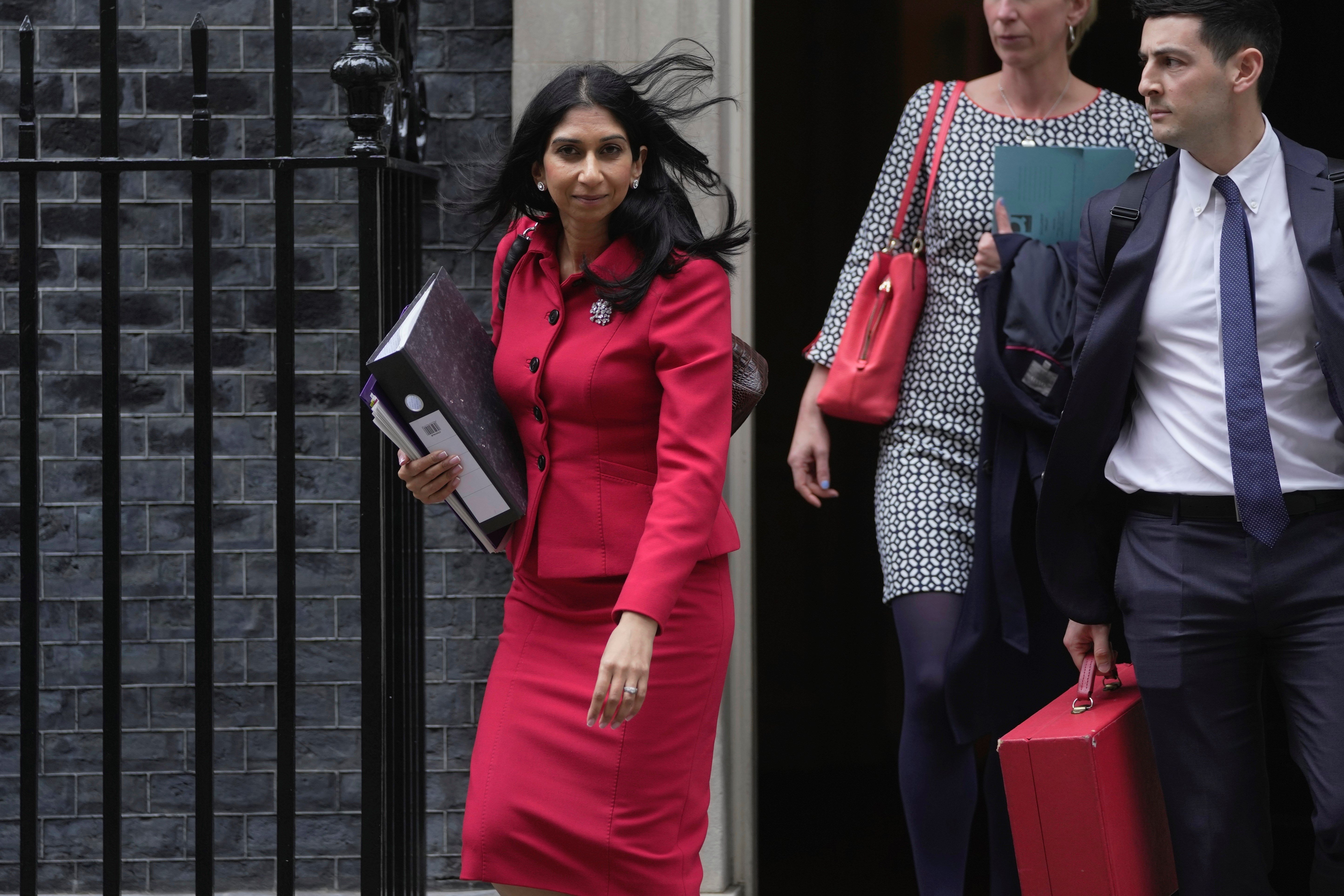 Britain's Home Secretary Suella Braverman leaves 10 Downing Street to go to the Houses of Parliament in London, Monday, May 22, 2023. (AP)